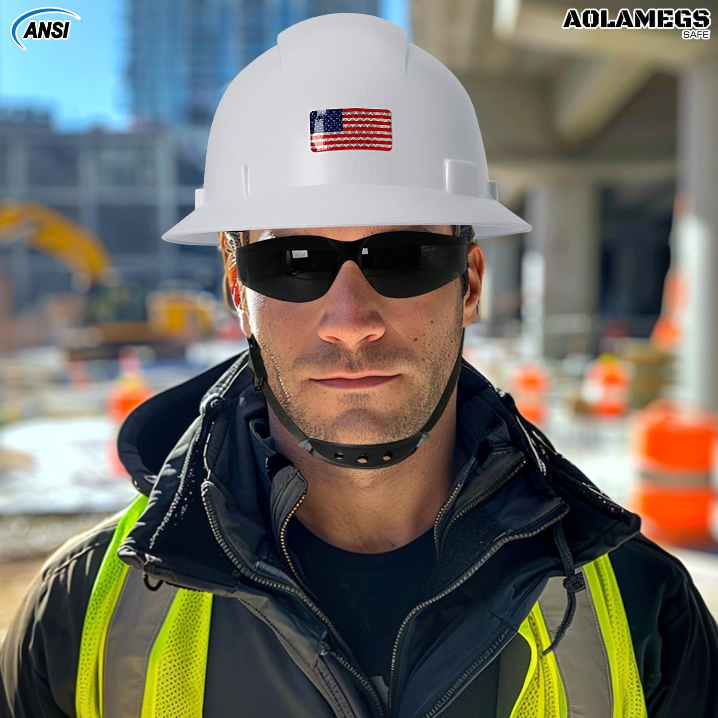 Aolamegs Safe Casco de ala Completa de Fibra de Carbono Blanco Mate con Gafas de Seguridad y Forro para Hombres y Mujeres, Aprobado por ANSI Z89.1, Seguridad con Correa de Barbilla y Visera Solar