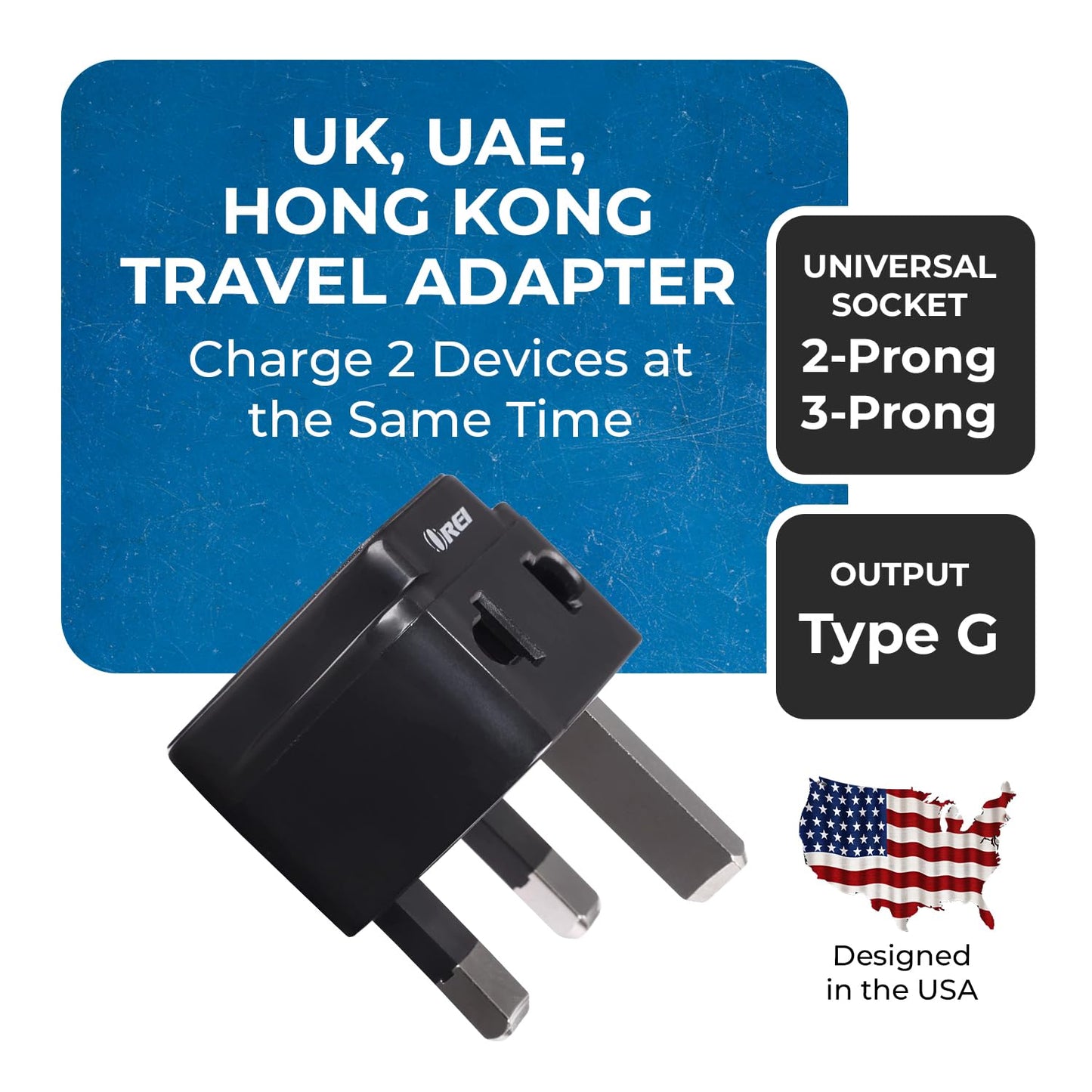 Adaptador Enchufe Tipo G Orei Negro Paquete de 2