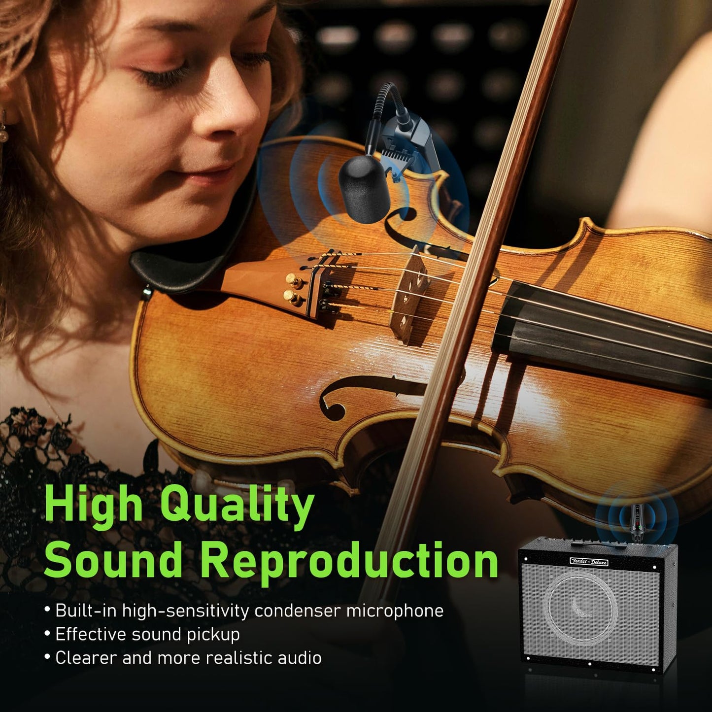 ACEMIC UHF Micrófono inalámbrico para violín Recoge el Instrumento de Cuello de Cisne Micrófono de Clip Transmisor y Receptor para Altavoces Activos, Sistemas de megafonía Activos, VT-5