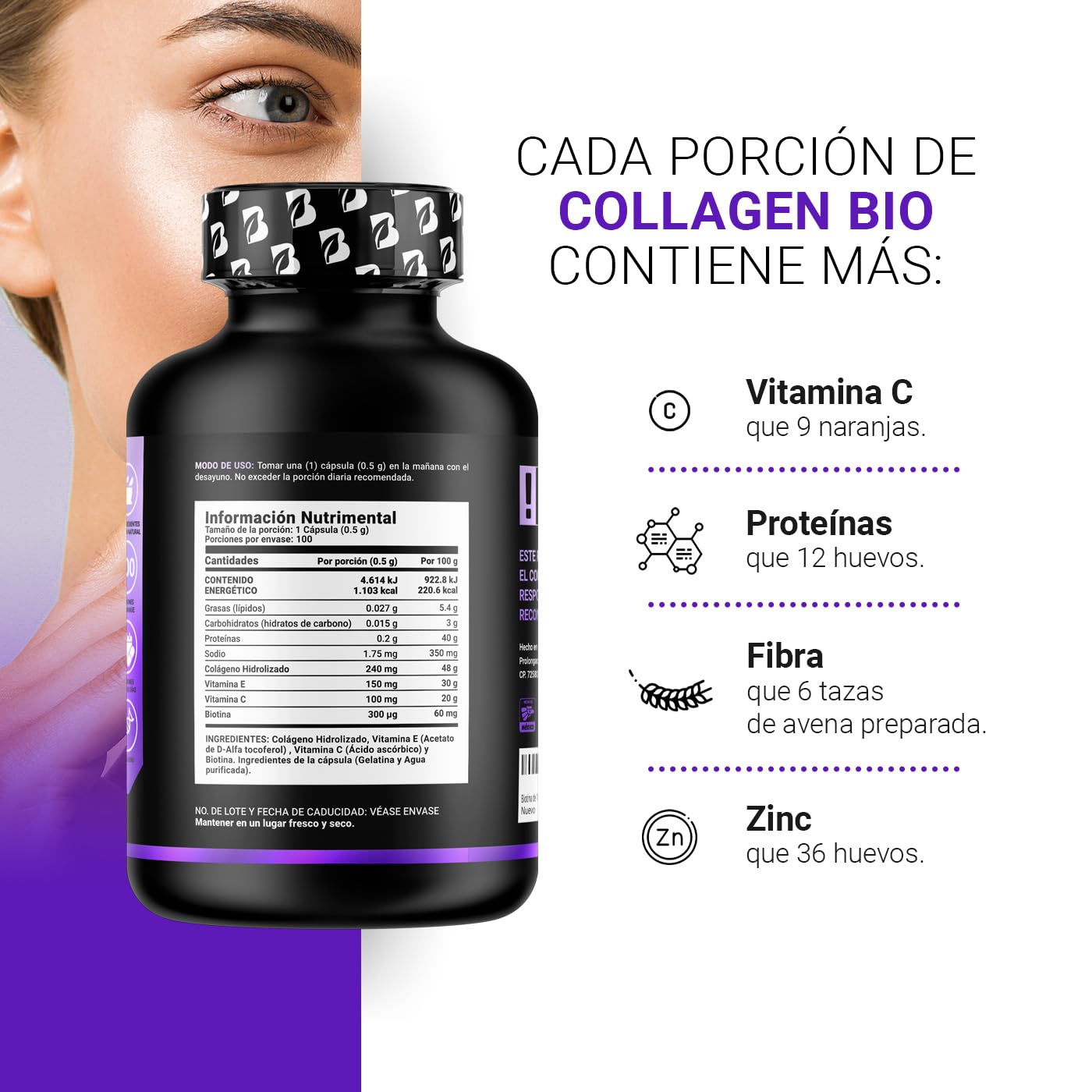 Biotina de 100 Cápsulas. Ingredientes naturales: Colágeno, Vitamina E y Vitamina C. Collagen Bio B Life.