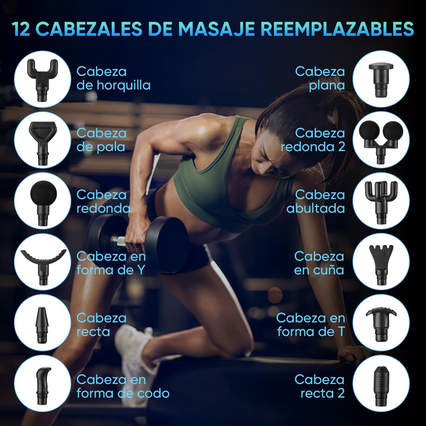 Pistola de Masaje Muscular, Masaje Eléctrico de Mano con 12 Cabezales y 30 Velocidades Ajustables, Masajeador Muscular de Tejido Profundo, Masajeador de Espalda para Hombro, Cuello