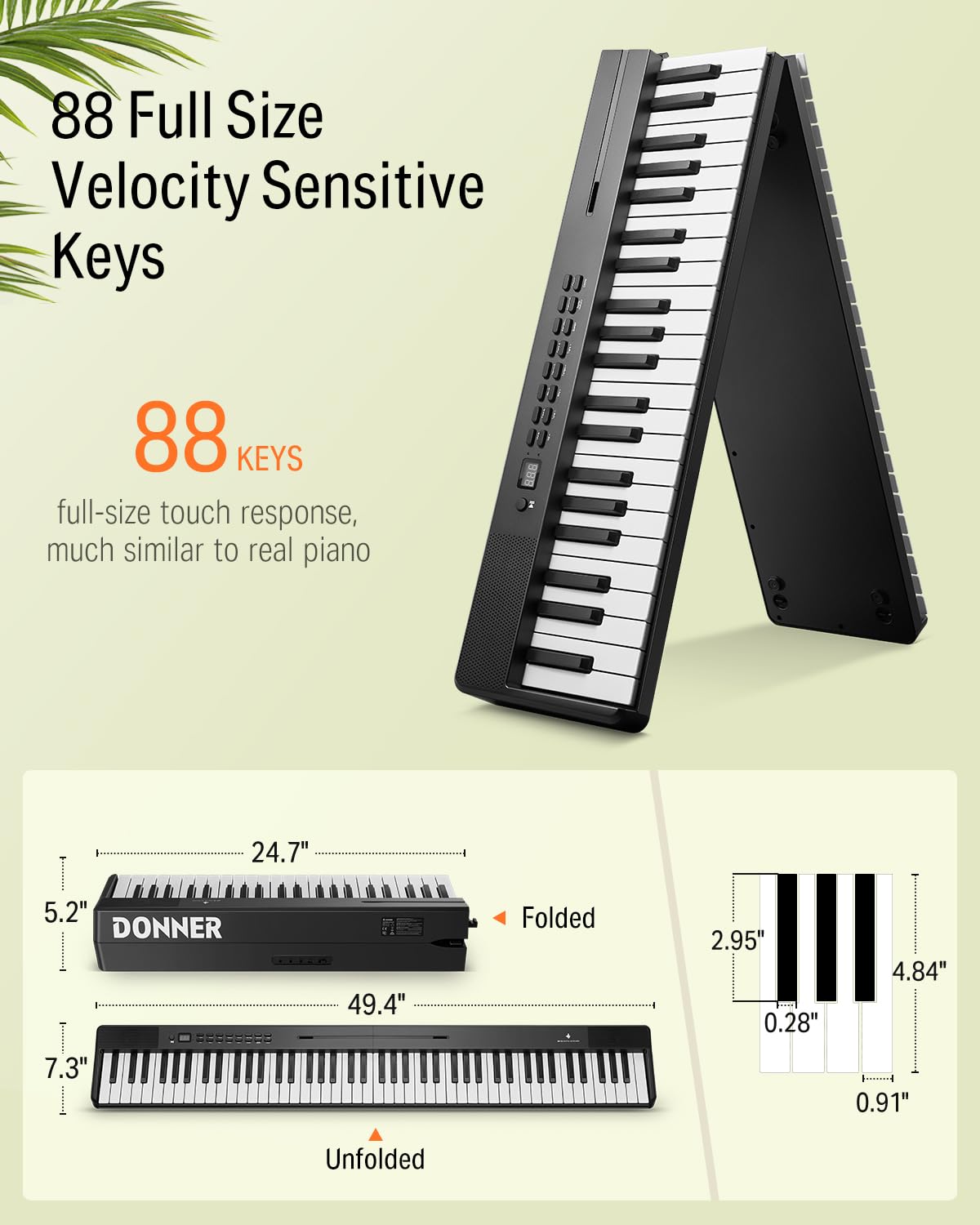 Donner DP-10 Teclado de Piano Portátil de 88 Teclas para Principiantes, Teclado de Piano Plegable Bluetooth con Teclado de Tamaño Completo de 88 Teclas, Acorde, Grabación, Paquete de Piano Digital