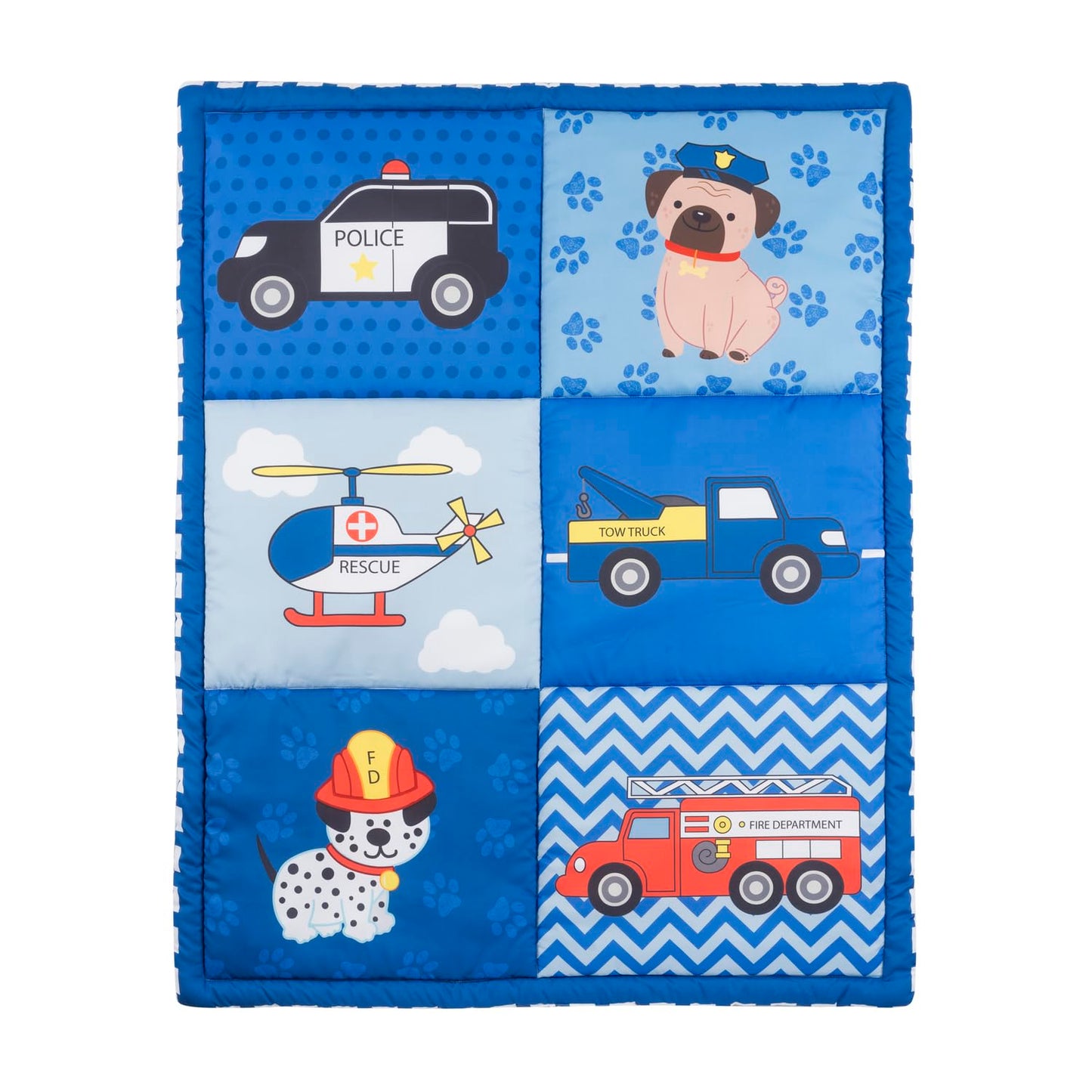 EVERYDAY KIDS Juego de ropa de cama de 3 piezas para cuna, pequeño rescatador, incluye edredón, sábana bajera y volantes antipolvo, juego de cama para guardería, juego de cama para cuna de bebé