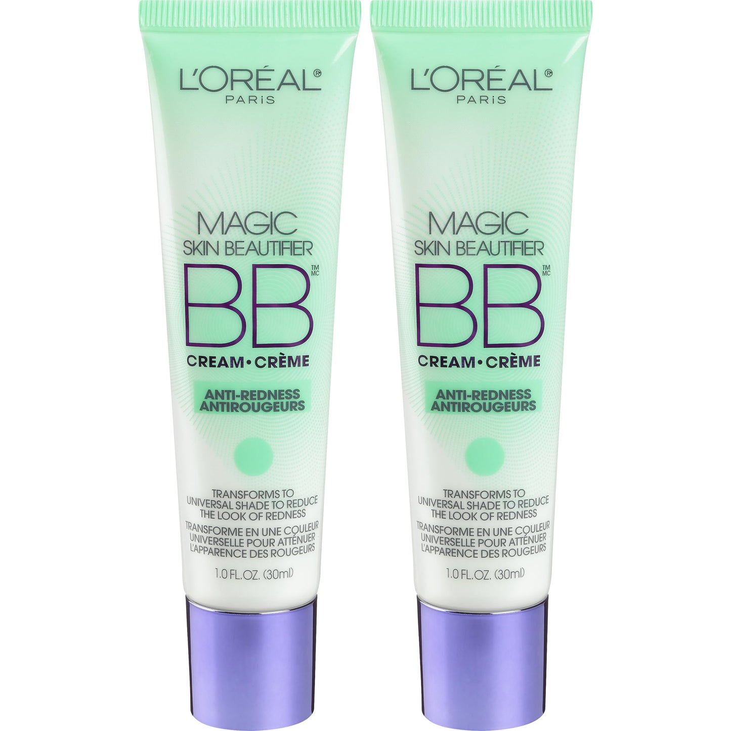 L'Oréal Paris - Maquillaje facial Makeup Magic Skin Beautifier BB Cream, humectante teñido, antirenrojecimiento, verde, paquete de 2