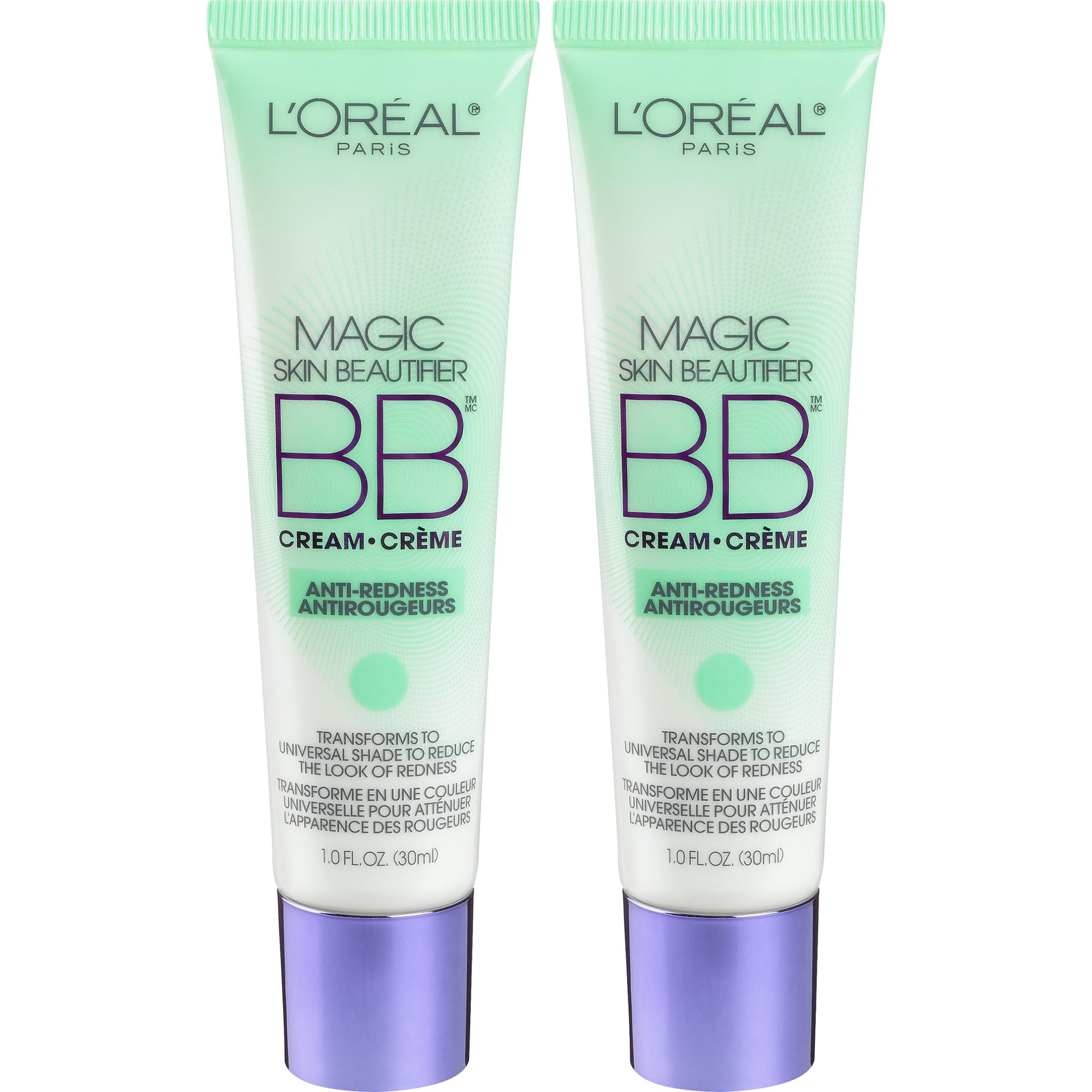 L'Oréal Paris - Maquillaje facial Makeup Magic Skin Beautifier BB Cream, humectante teñido, antirenrojecimiento, verde, paquete de 2