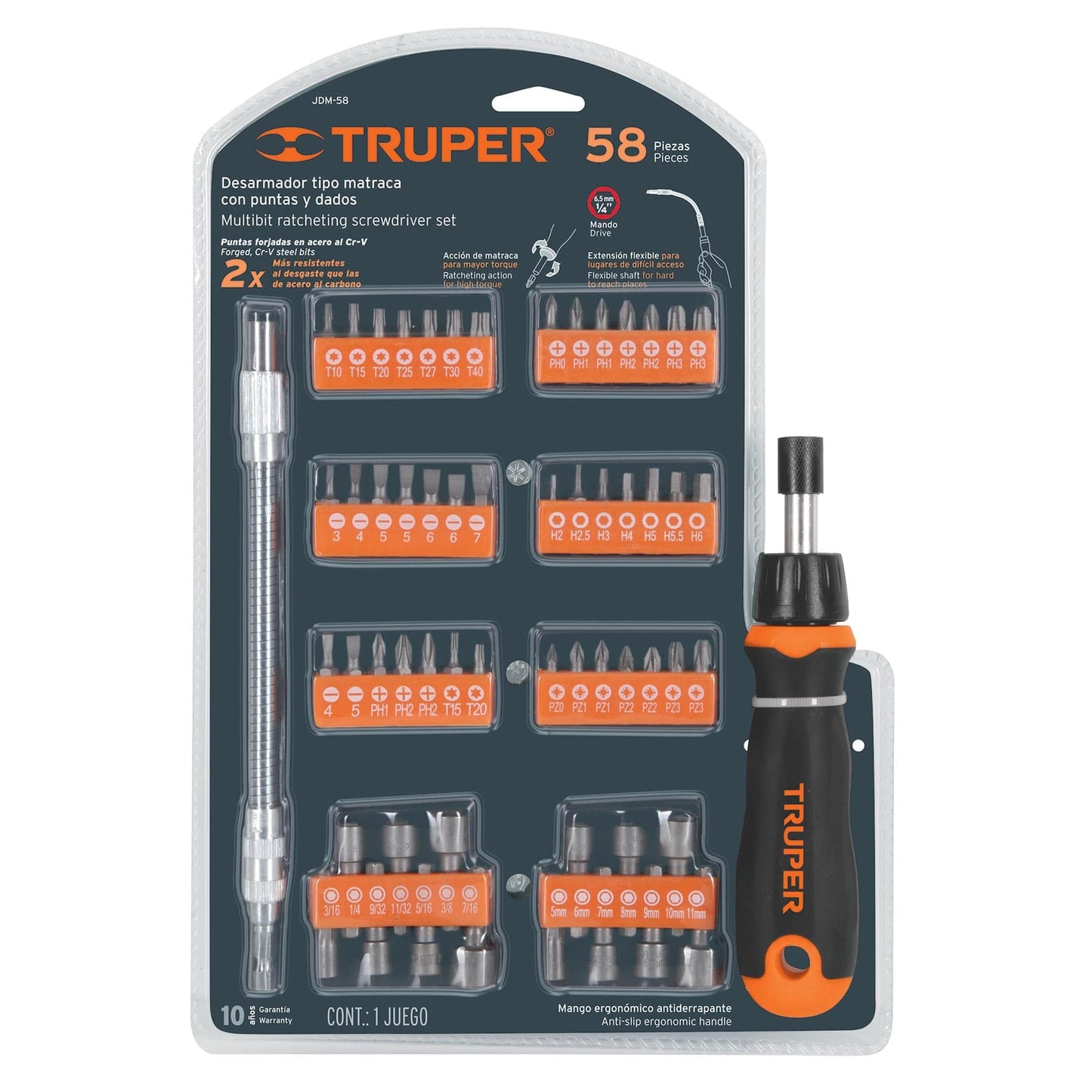 Desarmador Tipo Matraca Truper Naranja con 42 Puntas y 14 Dados