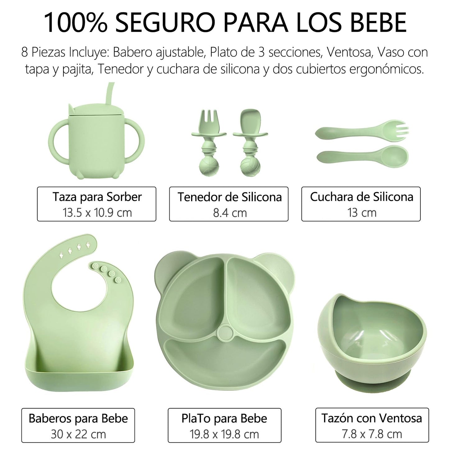 ALIYU Platos para Bebe Silicon 8PCS, Kit Alimentación Complementaria Bebe, Plato para bebe con ventosa, Baberos de silicona para bebe, Sin BPA, Fácil de limpiar, Vajilla bebe silicona (Verde)