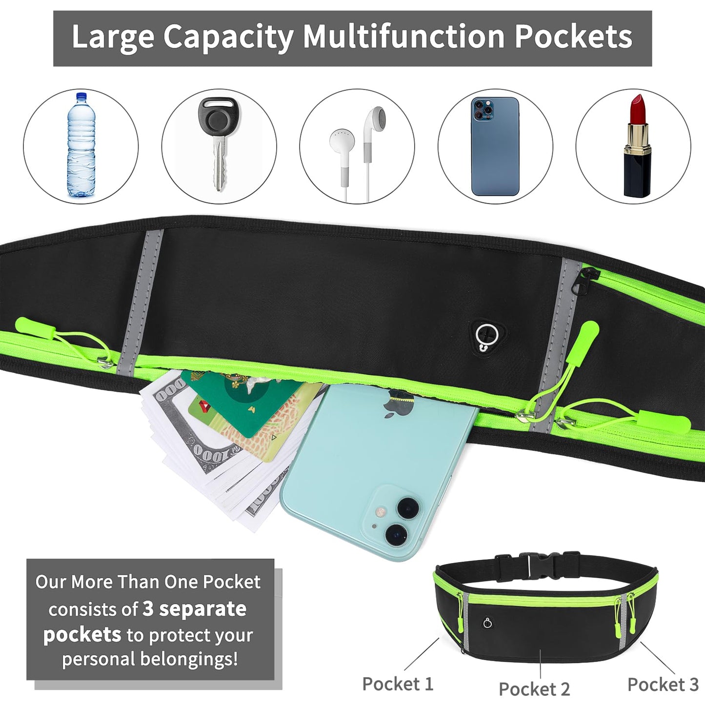 Cangurera Deportiva con Correa Ajustable Impermeable Riñonera Deportiva para Exteriores con Tiras Reflectante para Correr Hombre y Mujer-Negro
