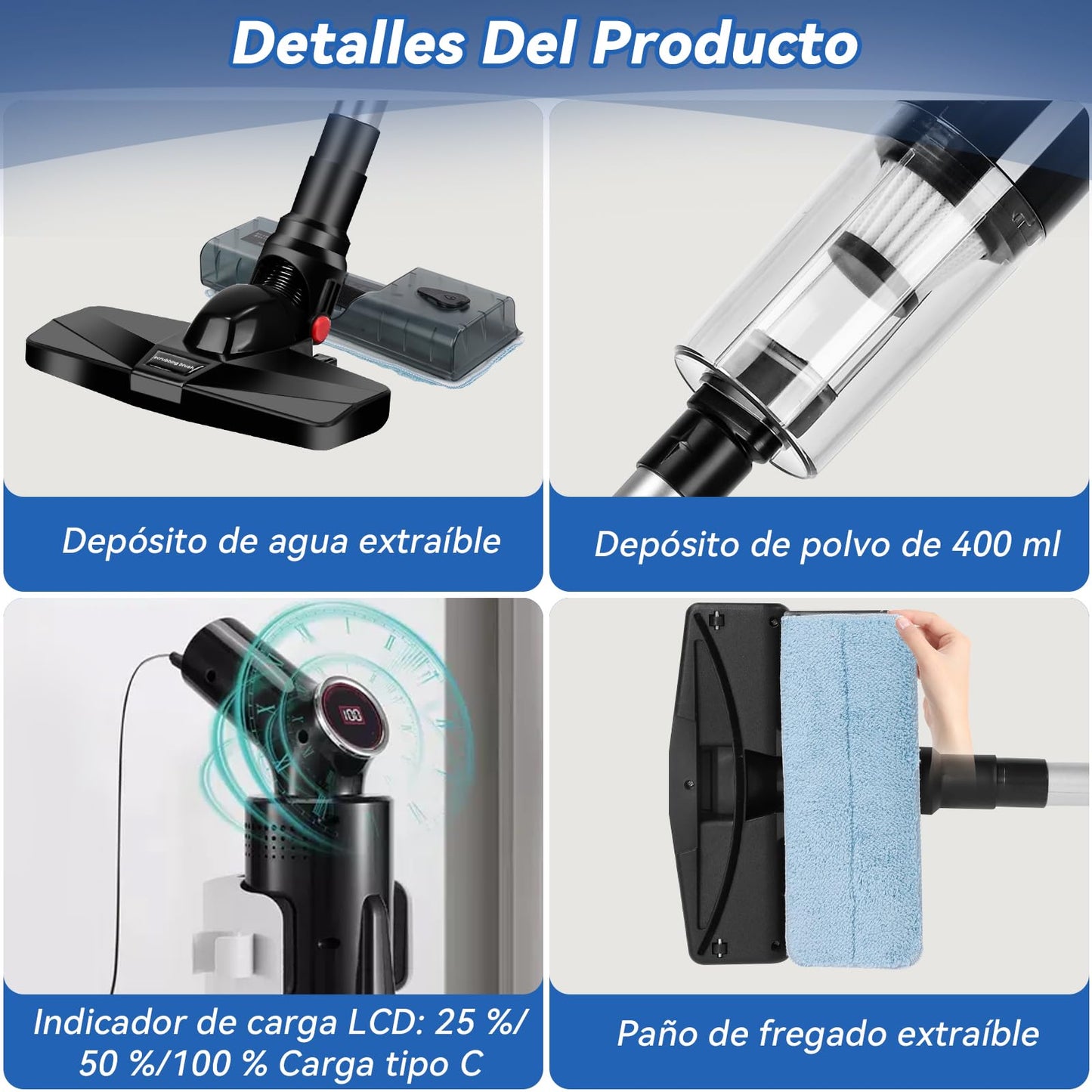 Aspiradora Inalámbrica,15000Pa Aspiradora Vertical 5 en 1 con Depósito de Agua,Filtro HEPA,Aspiradora de Mano con Luz LED,Batería de 3*2000 mAh,Apta para Todo Tipo de Suelos,Pelos de Mascotas,Sofá
