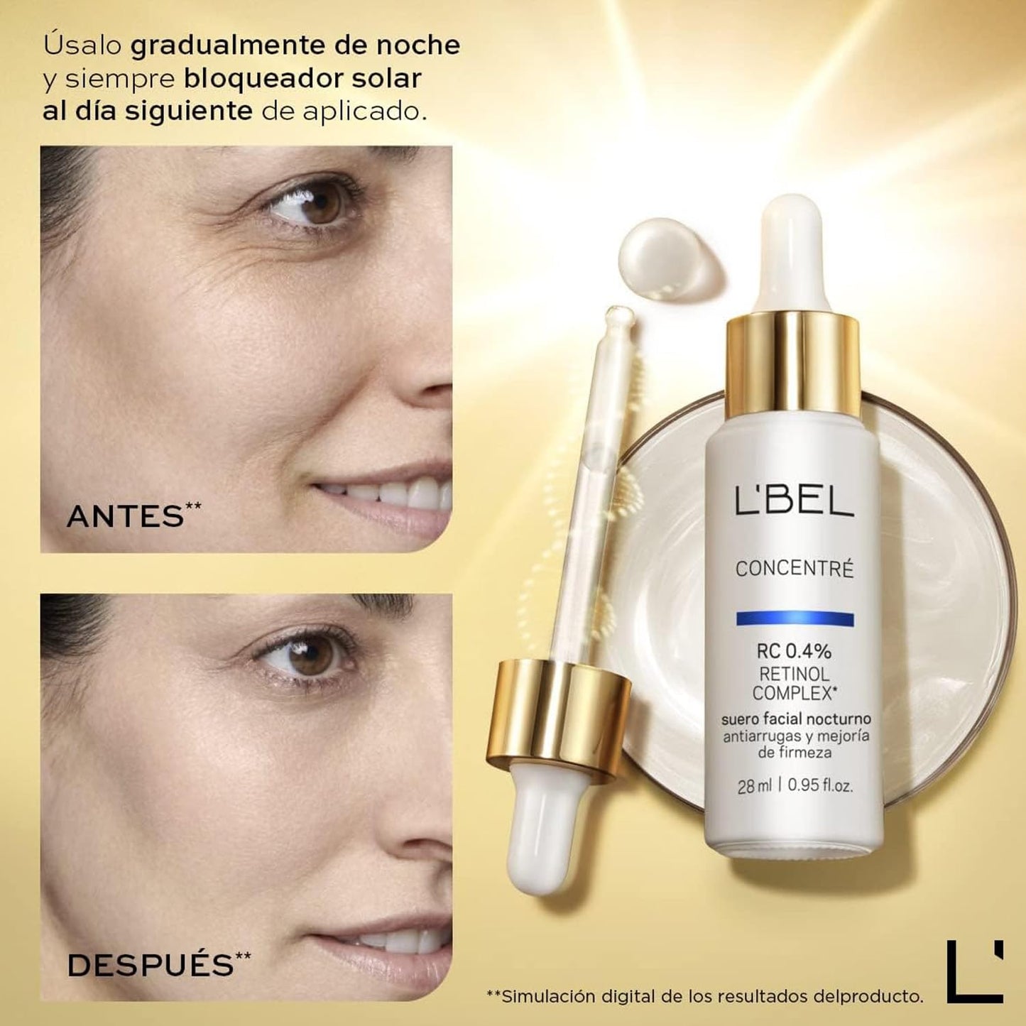 L'BEL - Concentré Sérum Facial 0,4% Complejo Retinol Complex 28 ml, para Reducir Arrugas Profundas y Mejorar Firmeza, Suero Facial Nocturno, Estimula Producción de Colágeno, Efecto Regenerador