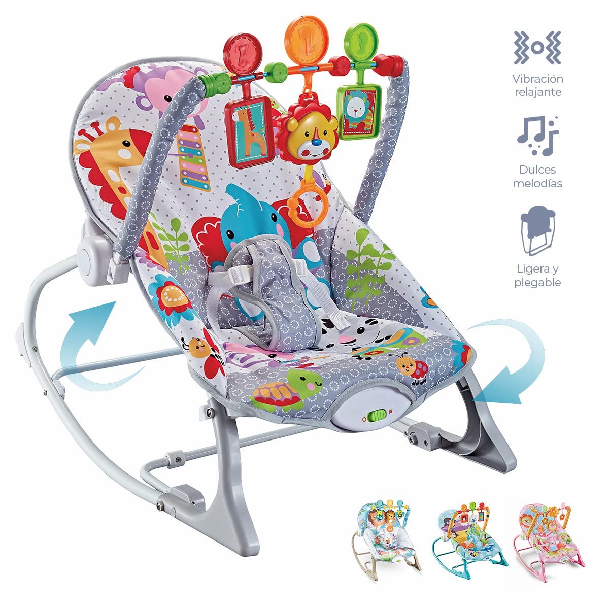 Silla Mecedora Musical Raganet Gris con Barra de Juguetes Desmontable para Bebés y Niños Pequeños