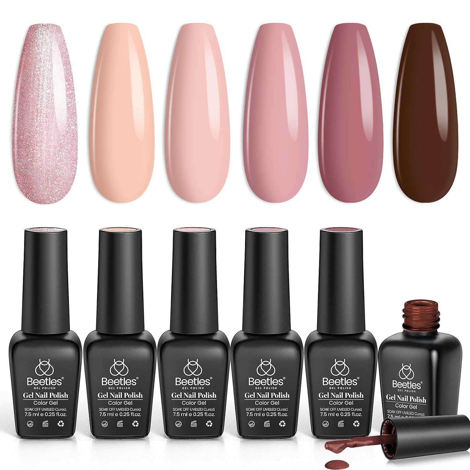 Escarabajos - Juego de 6 esmaltes de uñas en gel, color nude, sinfonía, purpurina, neutro, rosa, marrón, nude, esmalte de uñas en gel, remojo, lámpara UV LED, diseño de arte de uñas, tono de piel, regalo casero