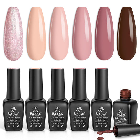 Escarabajos - Juego de 6 esmaltes de uñas en gel, color nude, sinfonía, purpurina, neutro, rosa, marrón, nude, esmalte de uñas en gel, remojo, lámpara UV LED, diseño de arte de uñas, tono de piel, regalo casero