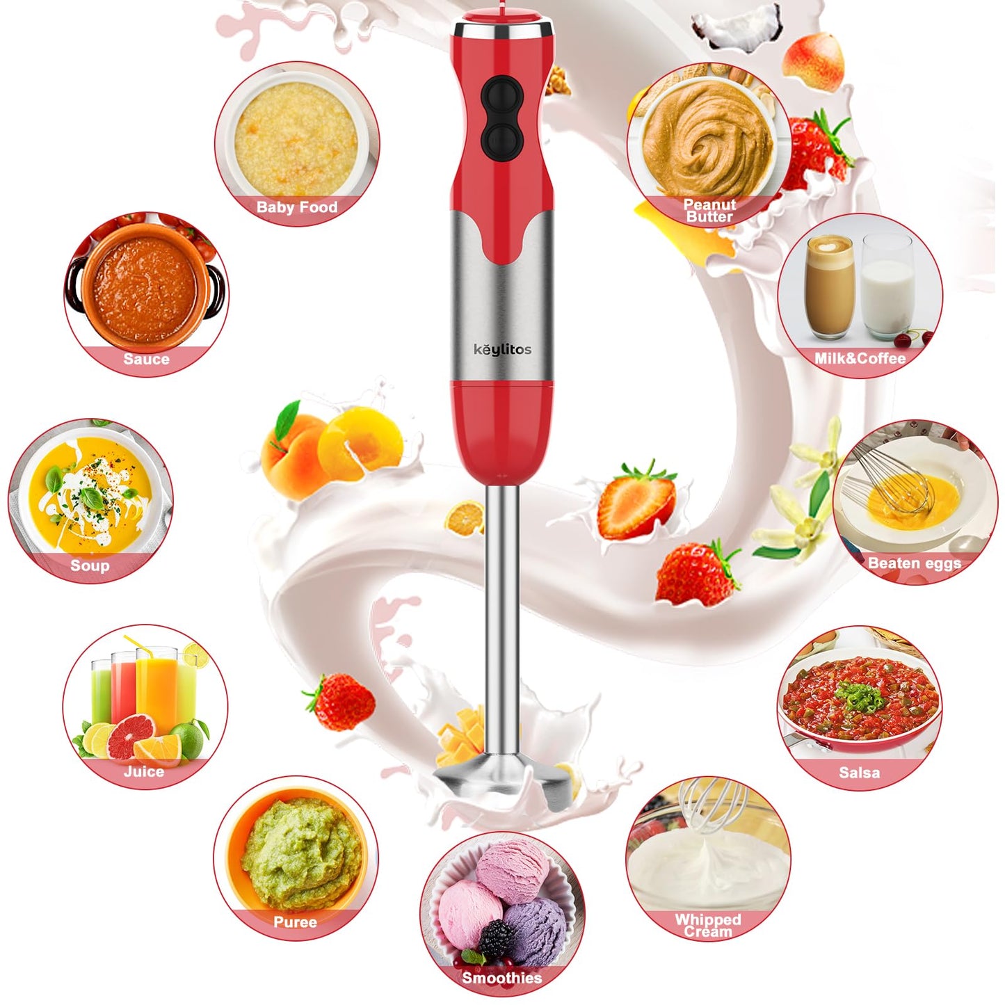 Keylitos Batidora de mano roja de 600 ml con accesorios 5 en 1, Turbo Boost y control de velocidad ajustable