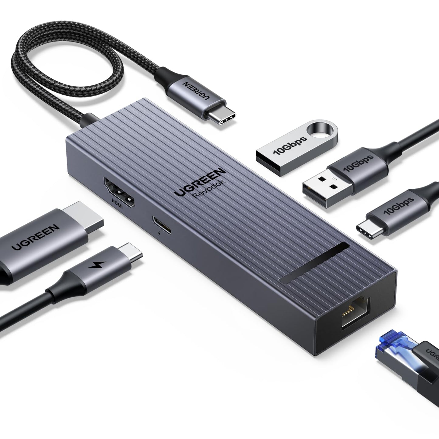 Adaptador USB C Hub UGREEN Revodok Plata con HDMI 4K y Carga 100W