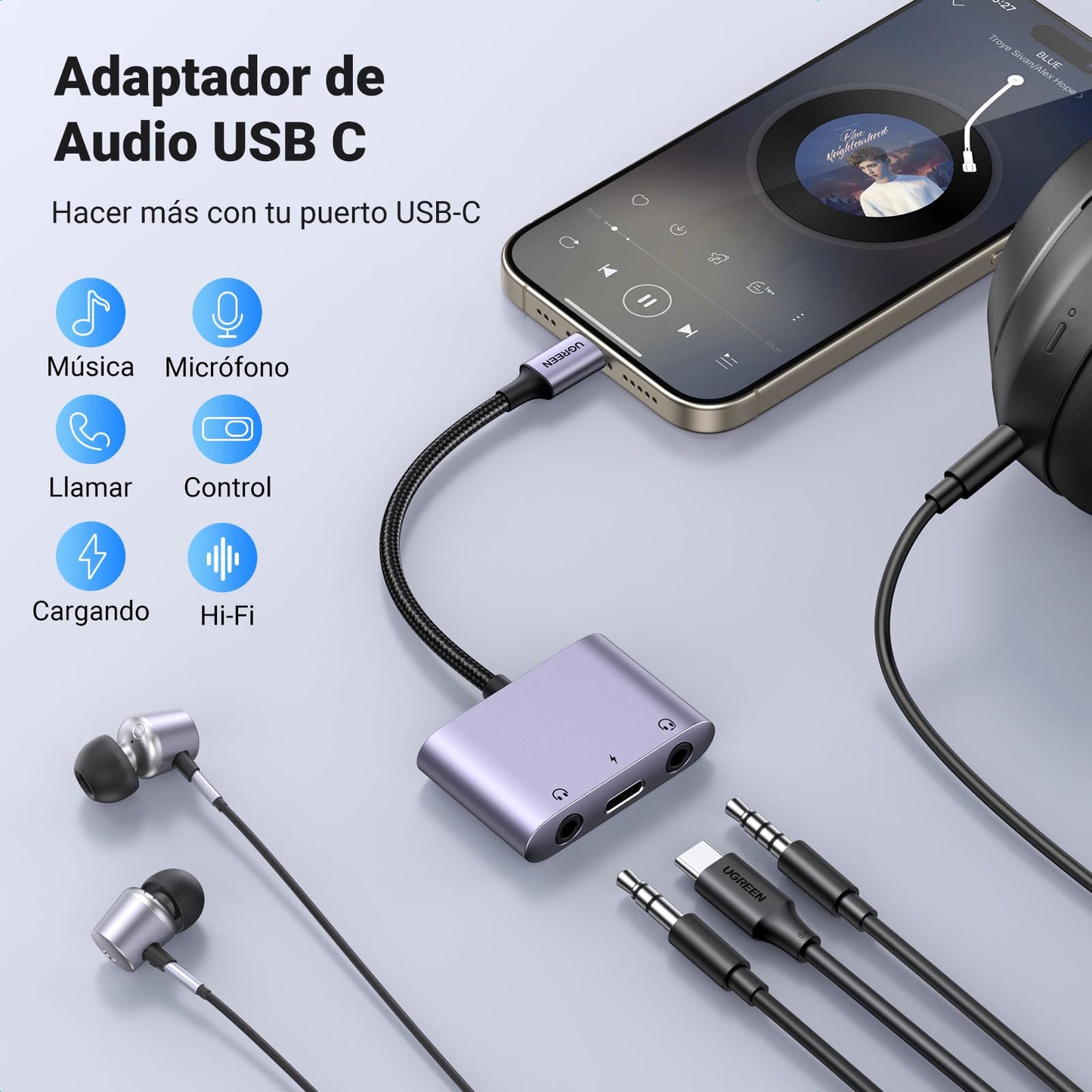 Adaptador USB C UGREEN Negro con 2 Jack 3.5 mm y Carga Rápida PD 60W
