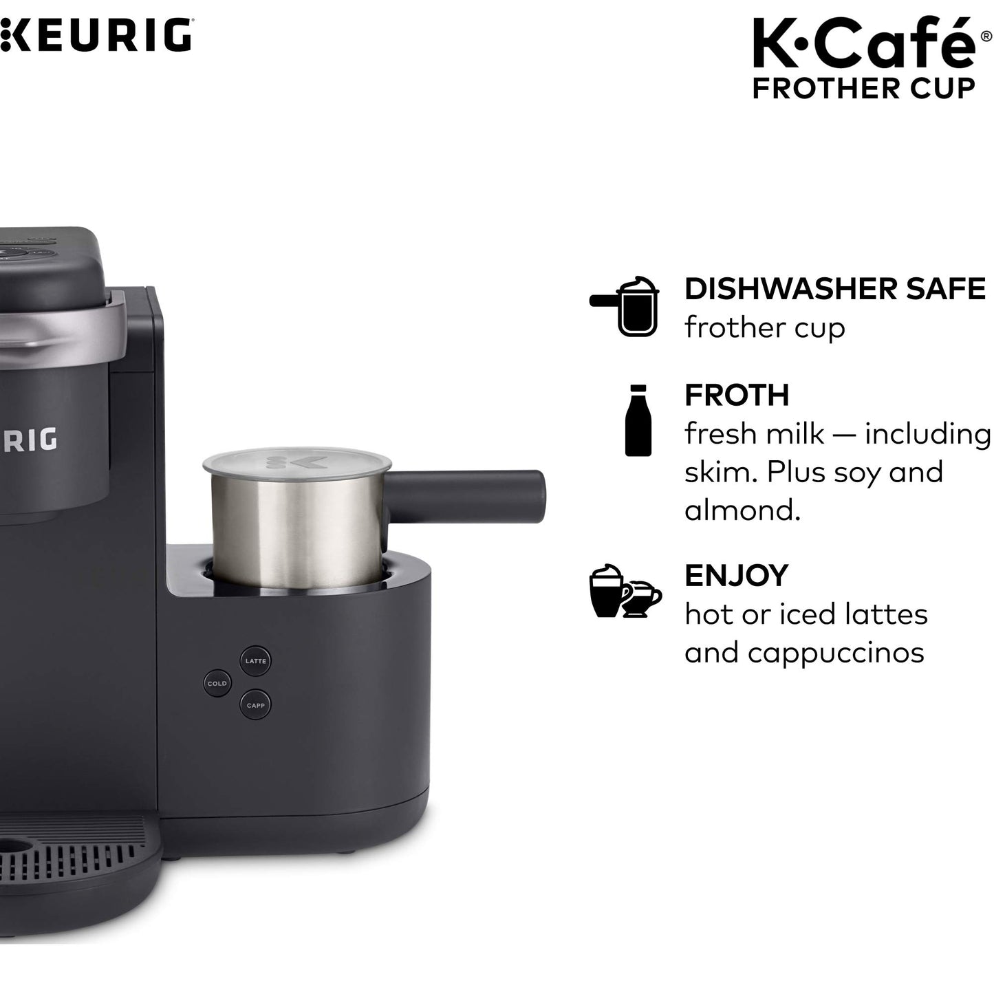 Keurig Funciona con leche no láctea, espuma caliente y fría, solo cafeteras K-Café, 34 onzas, espumador de carbón