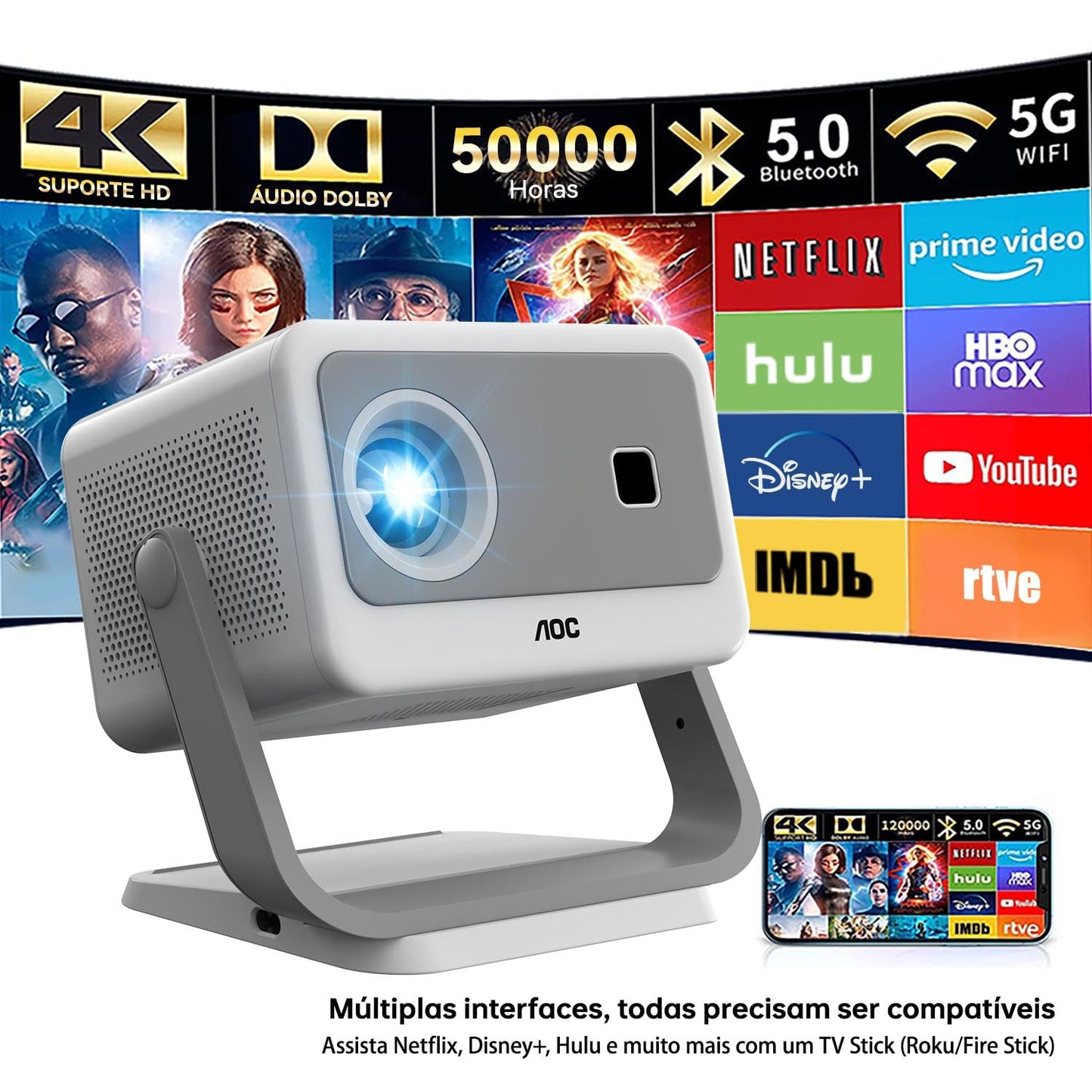 AOC Mini proyector, portátil Compatible con 4K,12000 lúmenes,Enfoque eléctrico, WiFi y Bluetooth,diseño con eliminación de Polvo y disipación de Calor, Compatible con Android e iOS para Cine en casa