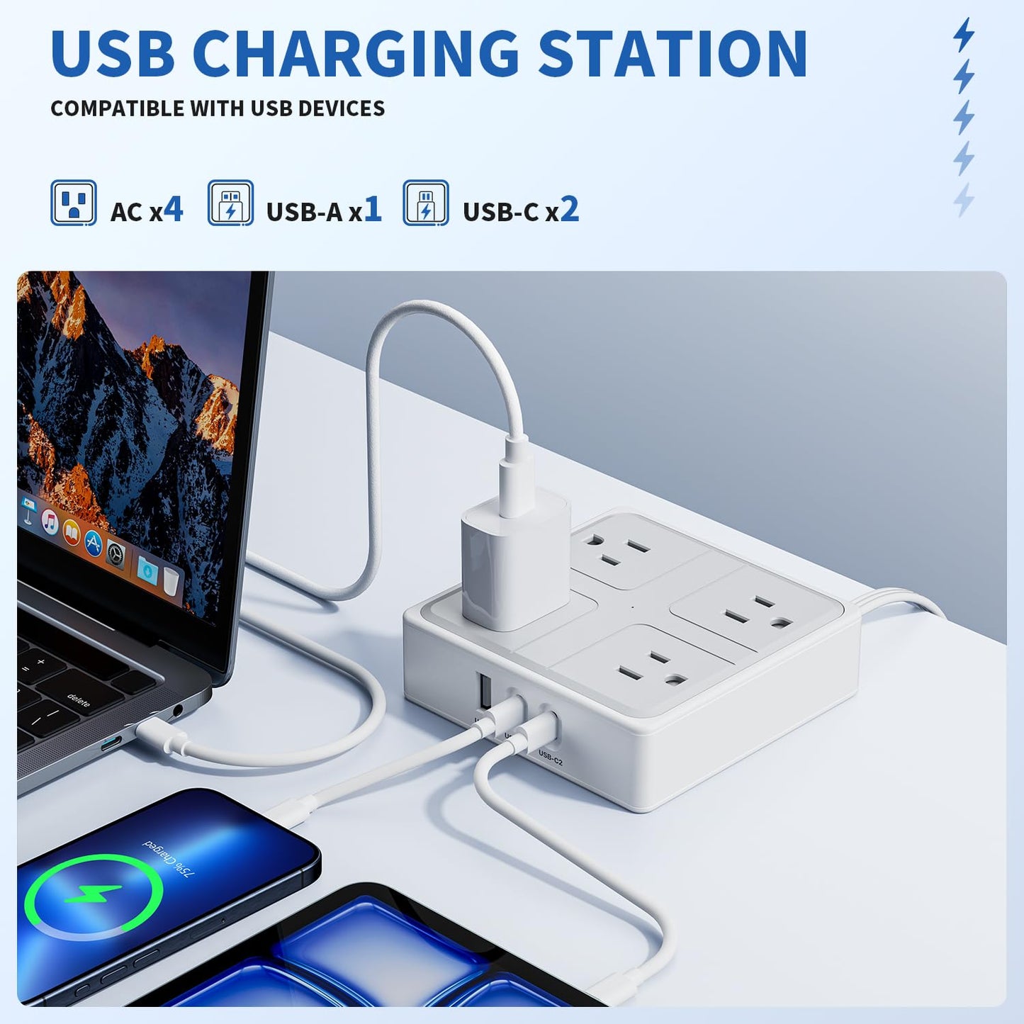 WENTONG Regleta Multicontacto Enchufe Plano, 1.2M Extension Electrica con 4 Salidas CA y 3 Puertos USB,Conector Multiple con Multicontacto USB C, Hogar Oficina Dorm Crucero Travel Essentials