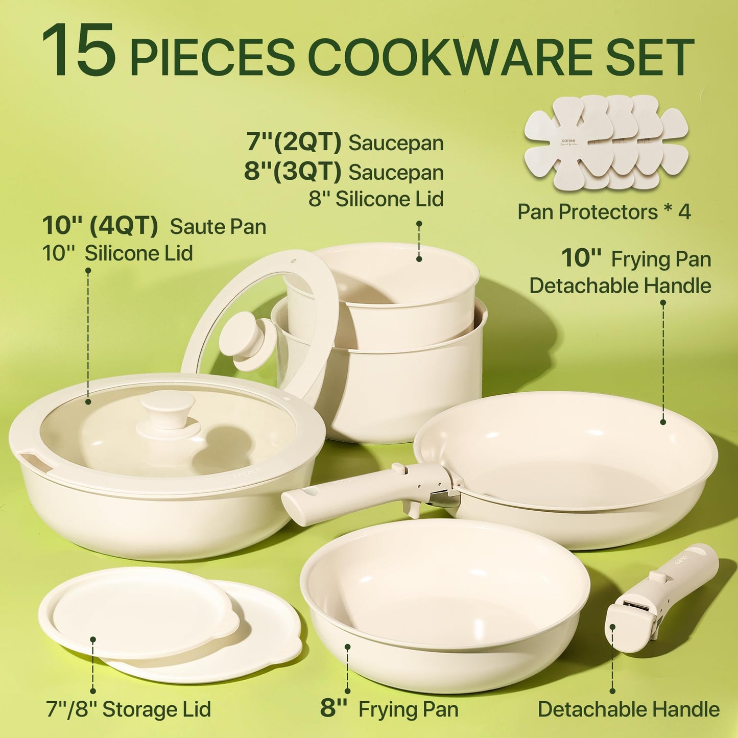 CAROTE - Juego de 15 ollas y sartenes - Batería de cocina de cerámica antiadherente con mango desmontable, utensilios de cocina de inducción para autocaravana, aptos para horno y lavavajillas