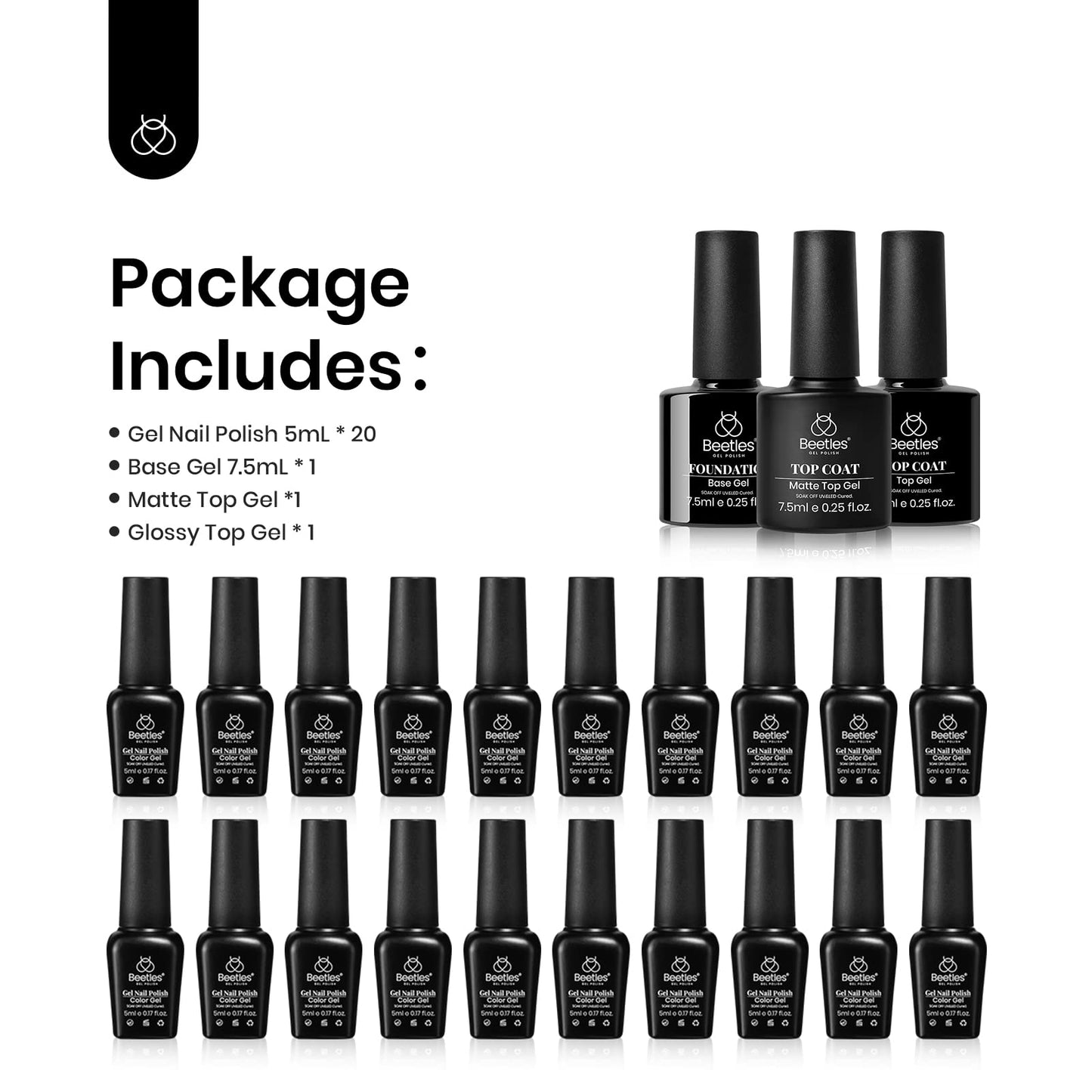 Beetles 20 Gel Nail Polish Kit, with Glossy & Matte Top Coat and Base Coat, 4 Glitters and 2 Nail Art Brushes, Midnight Euphoria Collection Soak Off Popular Nail Art Gel Polish Set