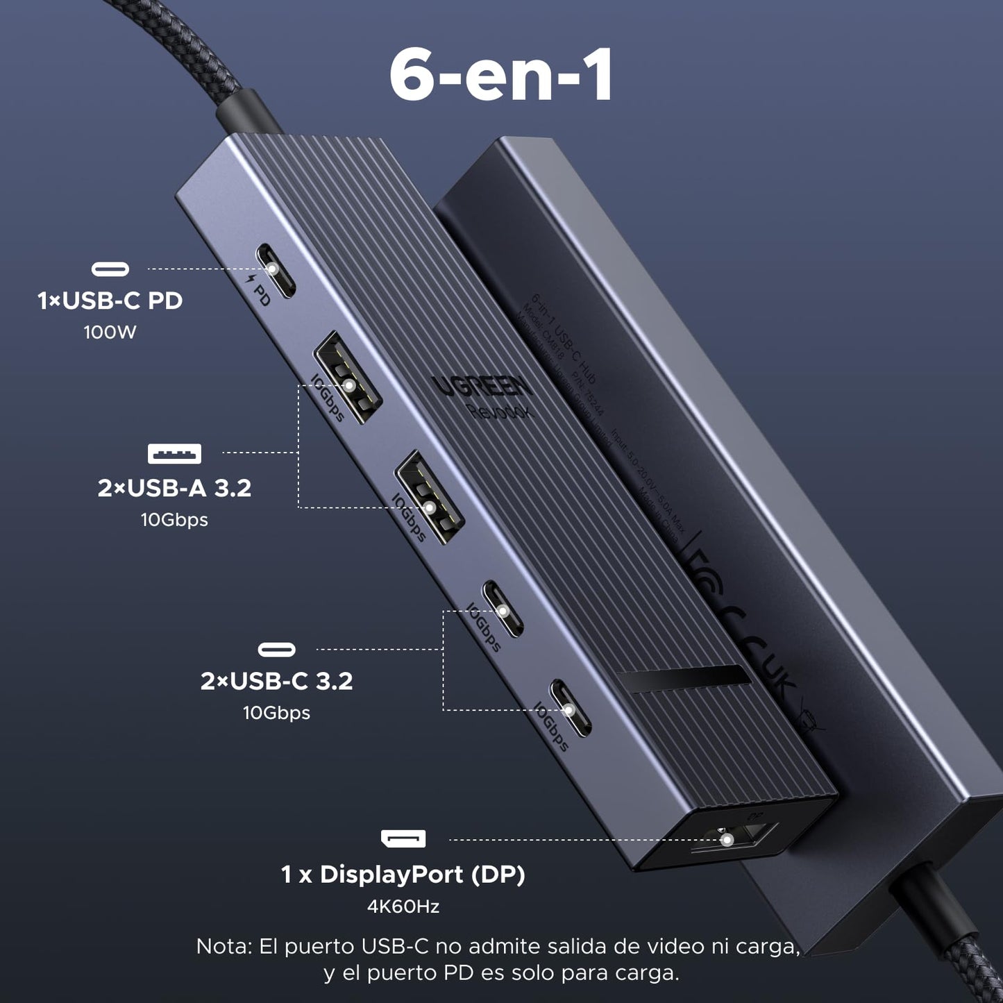 Hub USB C DisplayPort UGREEN Revodok Pro 6 en 1 Gris con Adaptador Multipuerto Compatible con MacBook Pro/Air, iPad Pro, Thinkpad, Rog Ally