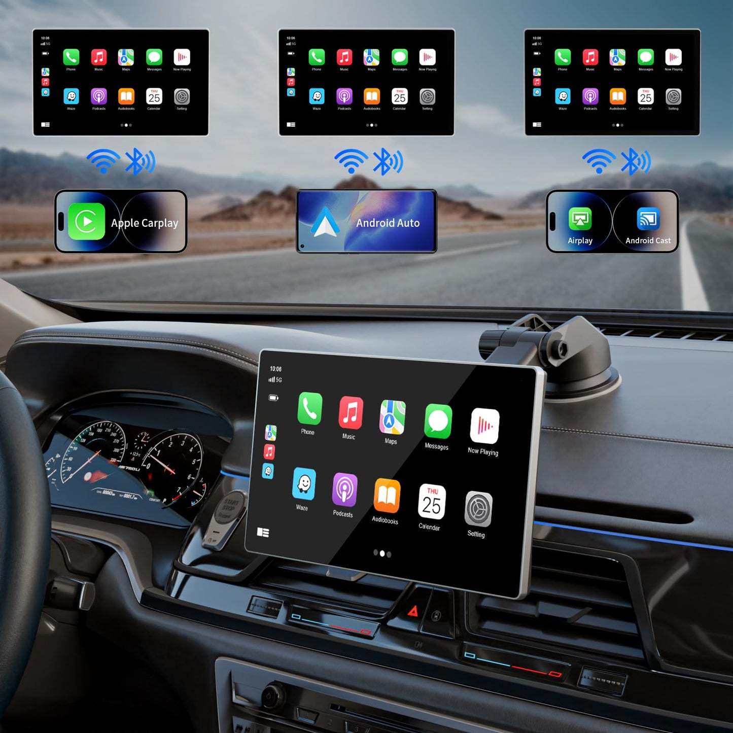 Visualización Portátil para Coche Apple Carplay Inalámbrica de 9 Pulgadas con Cámara de Salpicadero 4K y Cámara de Respaldo 1080p DVR