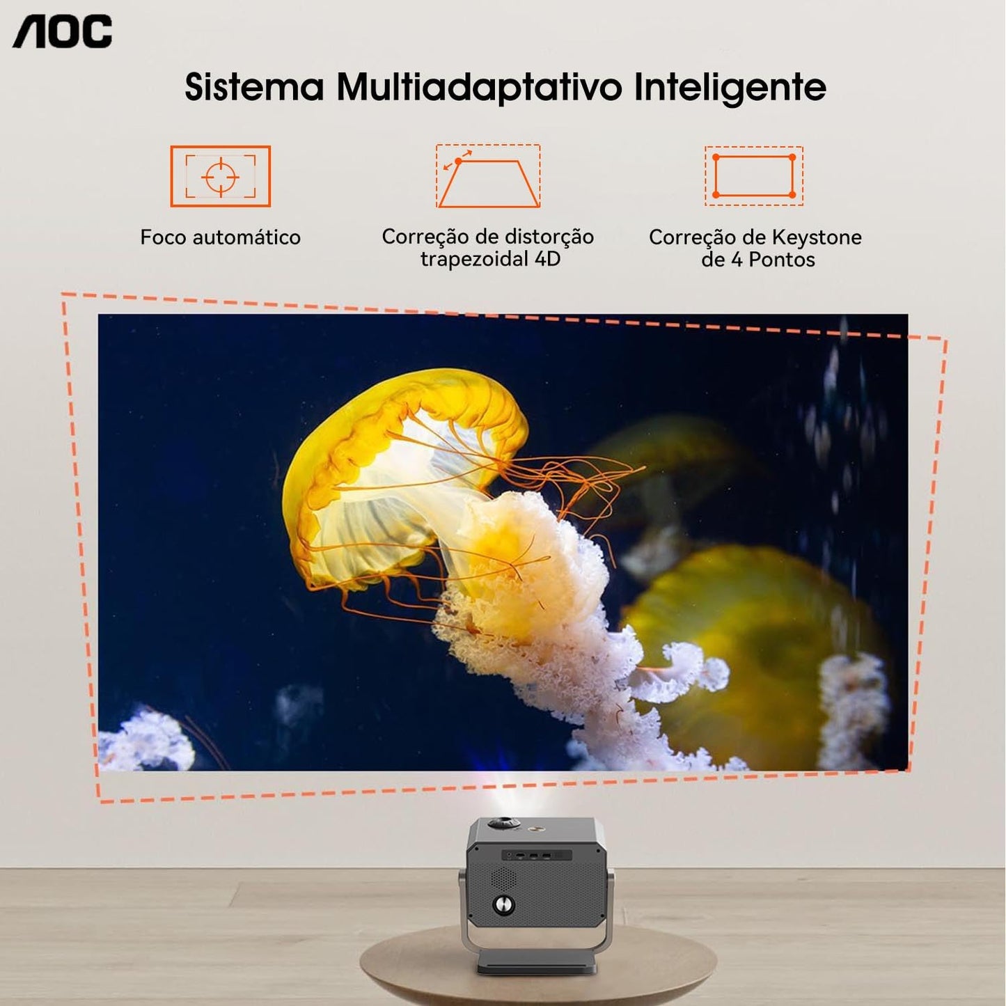 AOC Proyector 4K portátil Full HD, Enfoque automático/correção Keystone/ângulo ajustável, com WiFi6 e Bluetooth, 15000 lúmens, compatível com IOS/Android/PC/PS4/PS5 para trabalho e jogos