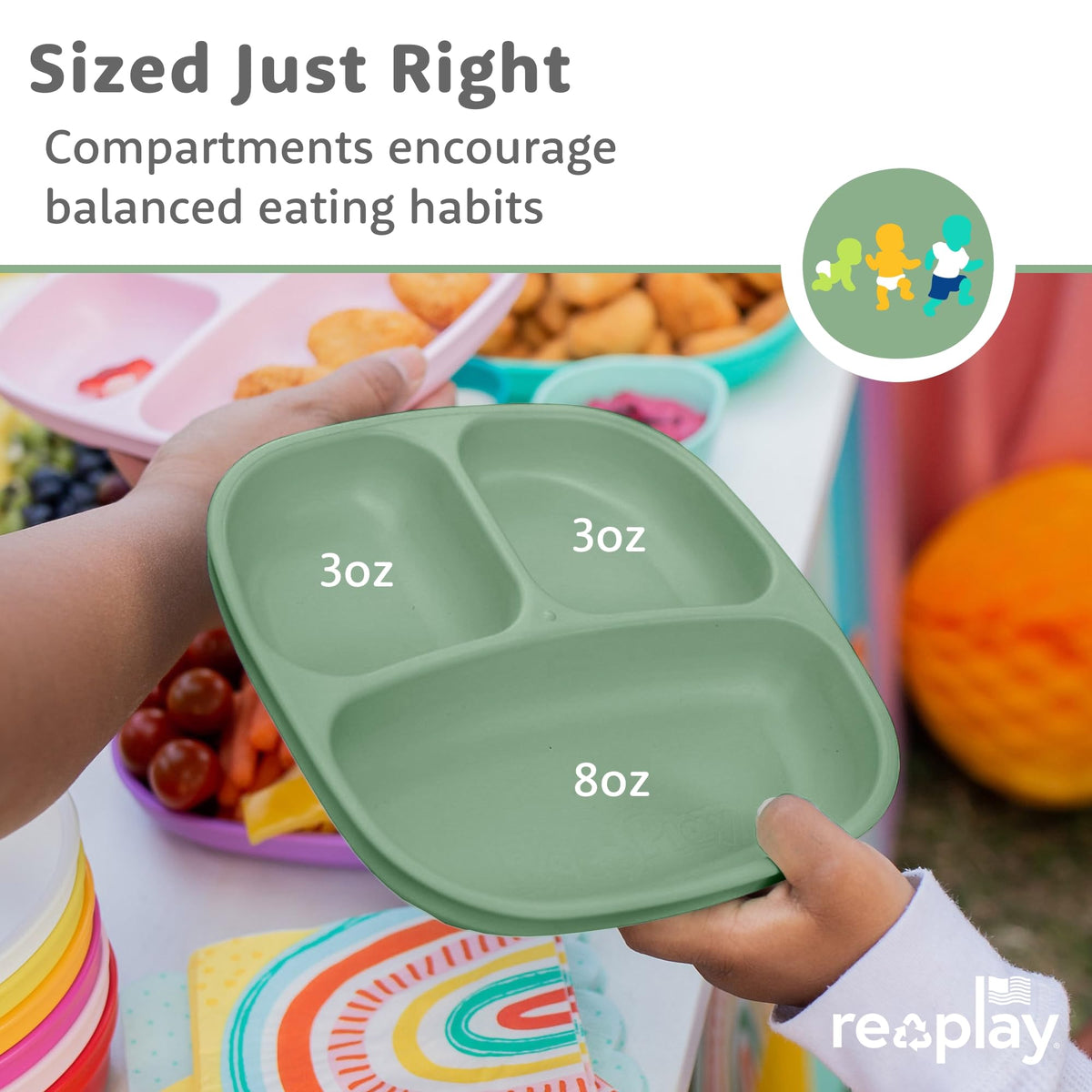 Re-Play - Juego de 3 platos divididos para niños pequeños, de paredes profundas, 3 compartimentos, para comedores exigentes, aptos para lavaplatos y microondas, sin BPA, fabricado en Estados Unidos