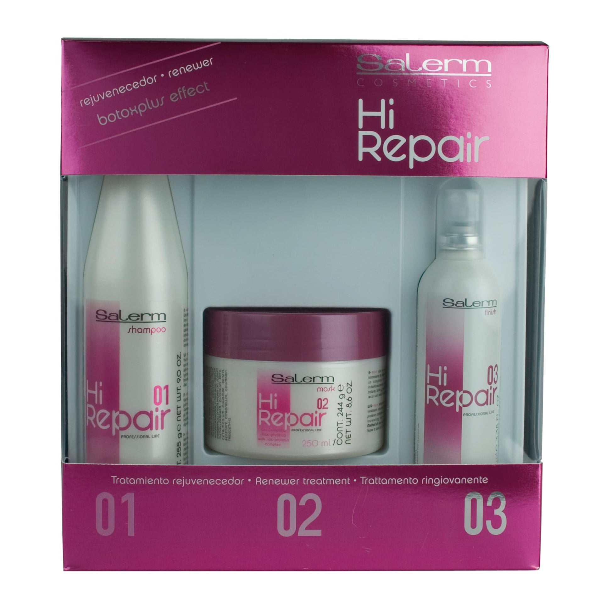 Kit de Reparación de Cabello Salerm Cosmetics Hi en Blanco con Shampoo, Mascarilla y Acabado
