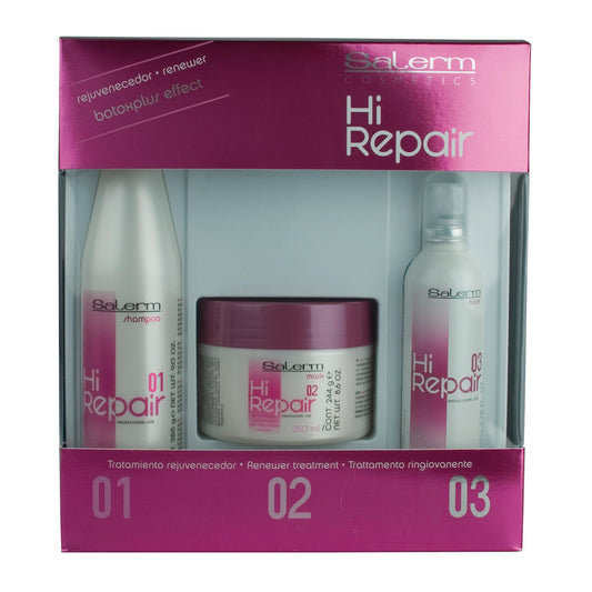 Kit de Reparación de Cabello Salerm Cosmetics Hi en Blanco con Shampoo, Mascarilla y Acabado