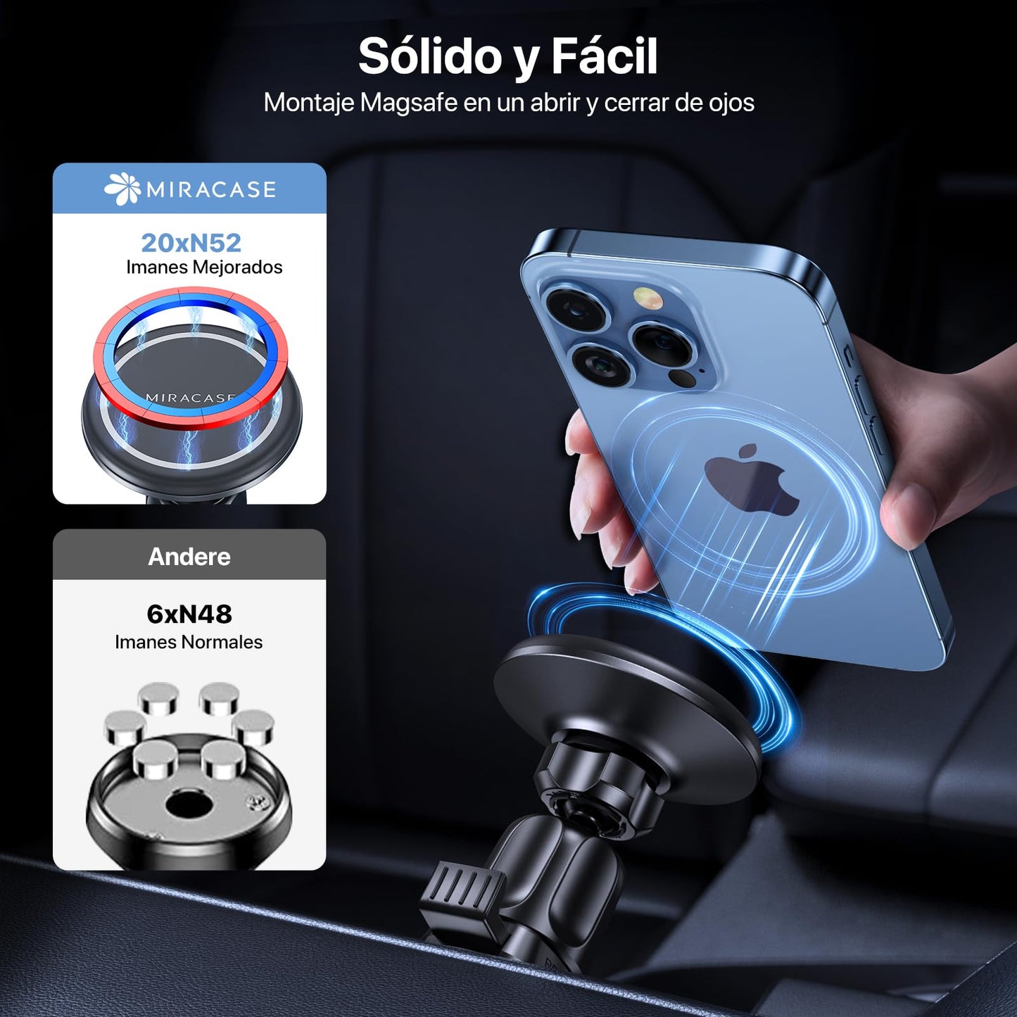 Soporte Celular Automóvil Miracase Negro Súper Poder Succión para Rejilla de Aire Compatible con iPhone 15 14 13 Pro MAX Mini Plus y Otros Celulares