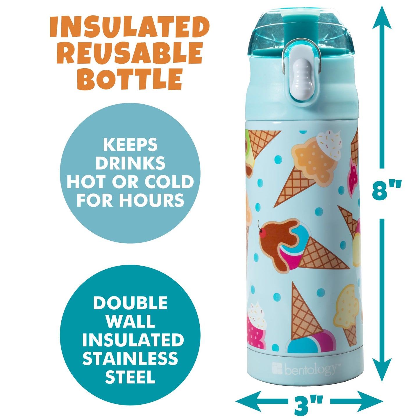 Bentology - Botella de agua aislada de acero inoxidable para niñas, 384 ml, fácil de usar, reutilizable, a prueba de derrames, sin BPA, mantiene el frío por horas, a prueba de fugas, diseño de helados