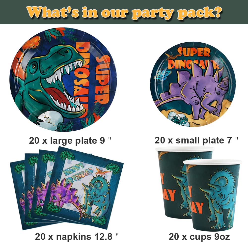 Juego de vajilla para fiesta de cumpleaños de dinosaurios para niños, 20 invitados, kit de suministros para fiesta de cumpleaños de dinosaurio, incluye platos de fiesta de dinosaurio, servilletas, tazas