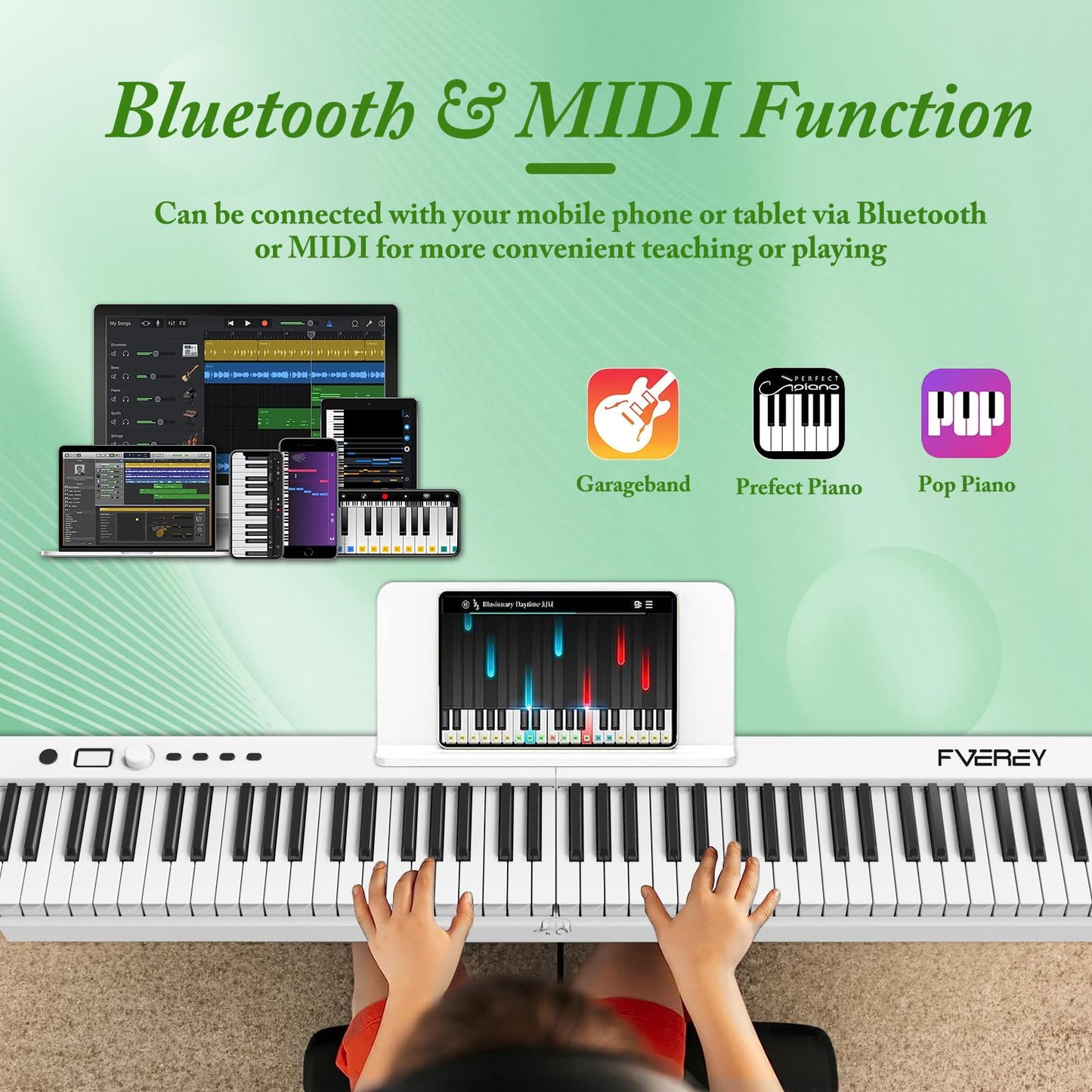 FVEREY Teclado de piano plegable de 88 teclas, teclado semipesado de tamaño completo, teclado musical portátil de piano de viaje, soporte MIDI Bluetooth piano eléctrico para principiantes, blanco
