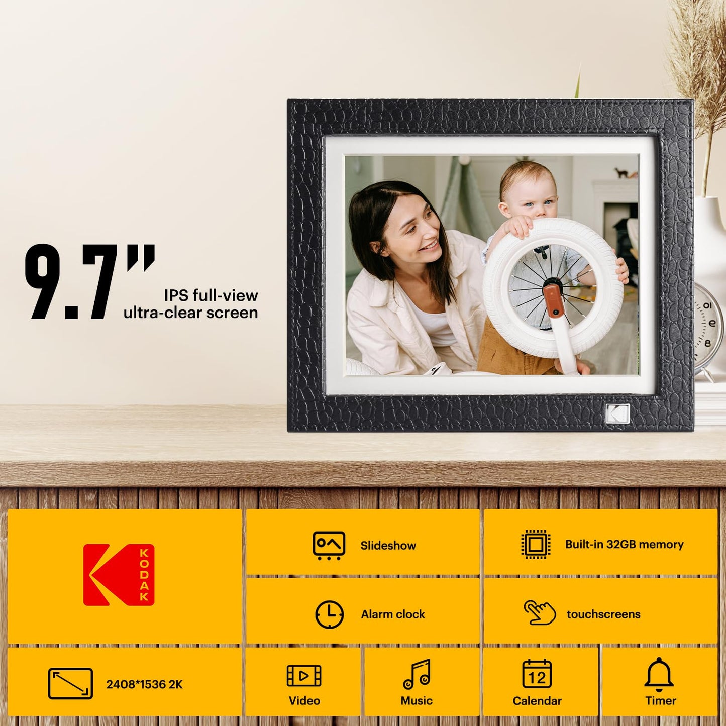 KODAK - Marco de fotos digital con WiFi, visualización táctil IPS de 9.7 pulgadas 2048 x 1536, almacenamiento de 32 GB, sensor de movimiento de rotación automática, compartir fotos y videos, regalos