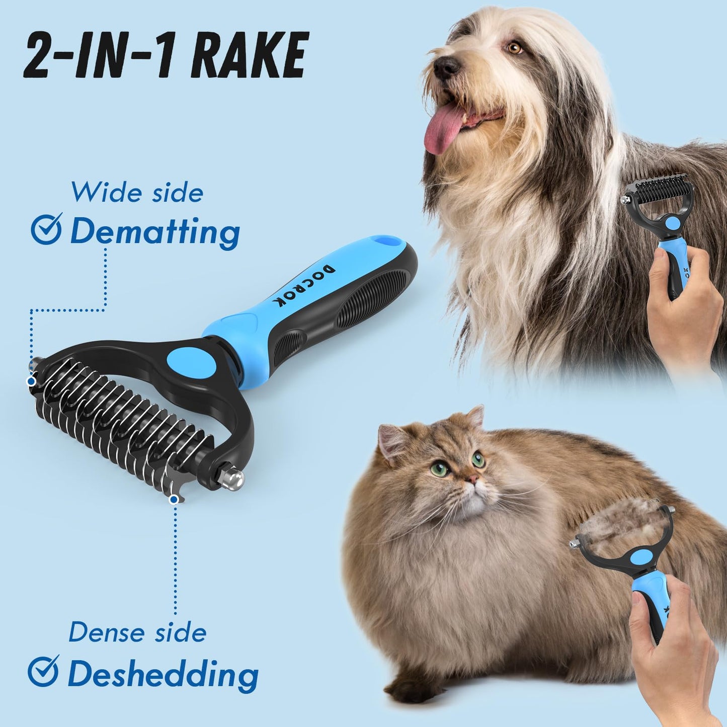 Cepillo y Peine Metálico para Pelaje de Perros, Rastrillo para Desenredar y Eliminar Subpelo, Herramienta para Mascotas de Pelo Largo Azul