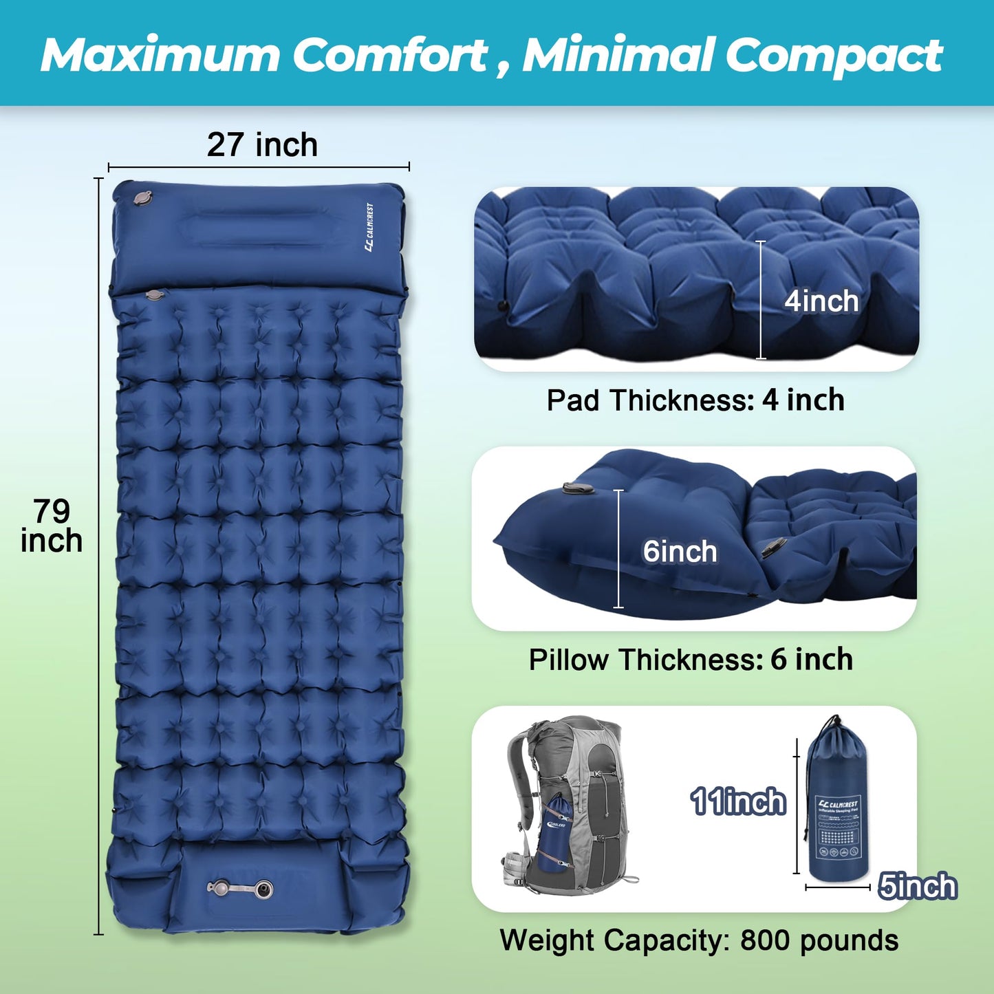 CALMCREST - Almohadilla de dormir para acampar, 4 pulgadas de grosor con aislamiento para invierno, colchón inflable ultraligero con almohada ajustable, alfombrilla de dormir compacta integrada para