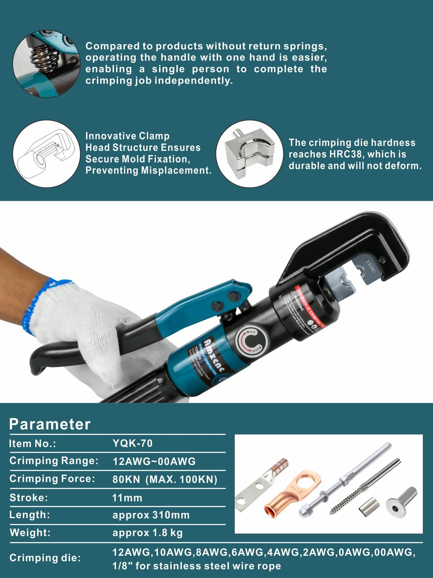 Herramienta de prensado hidráulica manual de 12 AWG-2/0 AWG para terminales de cable, crimpadora hidráulica, herramienta de terminales de alambre con 9 pares de troqueles