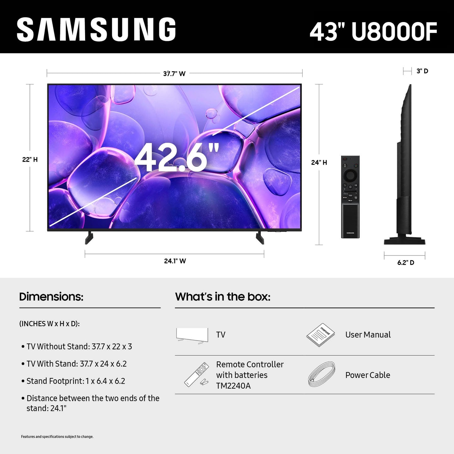 Samsung 43-Inch Class Crystal UHD U8000F 4K Smart TV (Modelo 2025) Contenido sin Fin, procesador de Vidrio 4K, diseño MetalStream, Knox Security, Alexa Incorporado