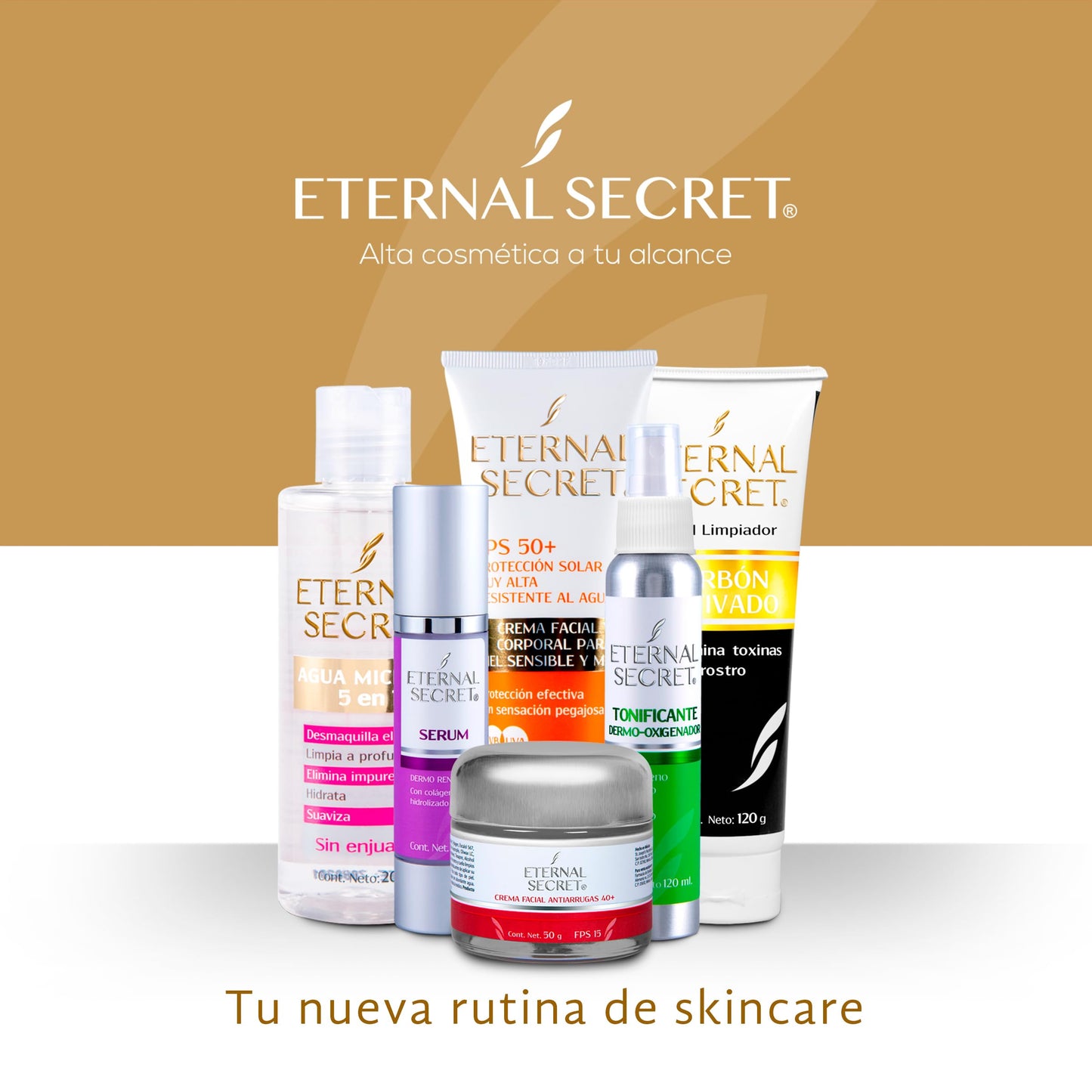 ETERNAL SECRET | KIT Belleza - Incluye 6 Productos de SkinCare | Limpiador Facial Espumoso - Agua Micelar - Vitamina C | Protector Solar Facial 50+ | Tonico Facial - Acido Hialuronico - Serum Facial