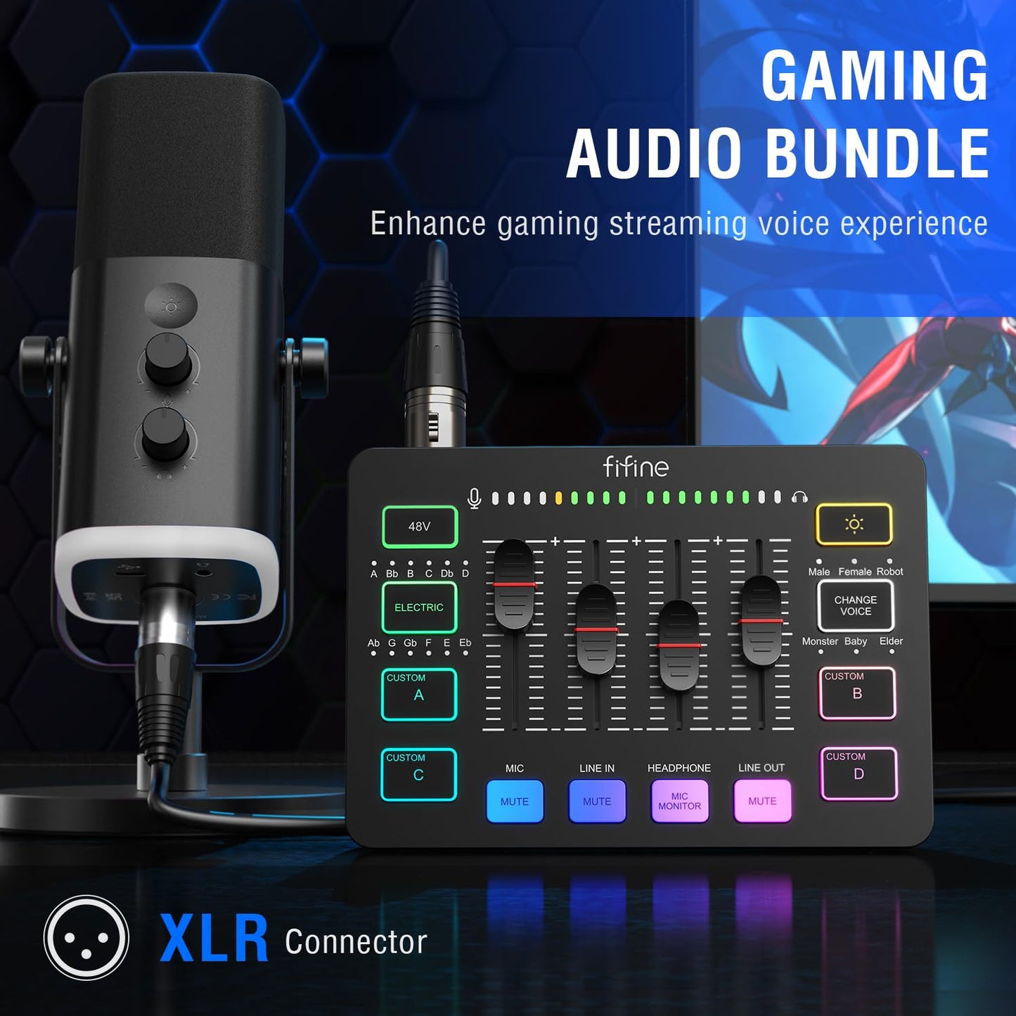 FIFINE Gaming Equipment Bundle,Set de Micrófono Dinámico XLR/USB Gaming con Mezclador de Audio Streaming para Grabación de Podcast Video Vocal,Set RGB Gamer con Fader Volumen/Interfaz XLR para PC-KS5