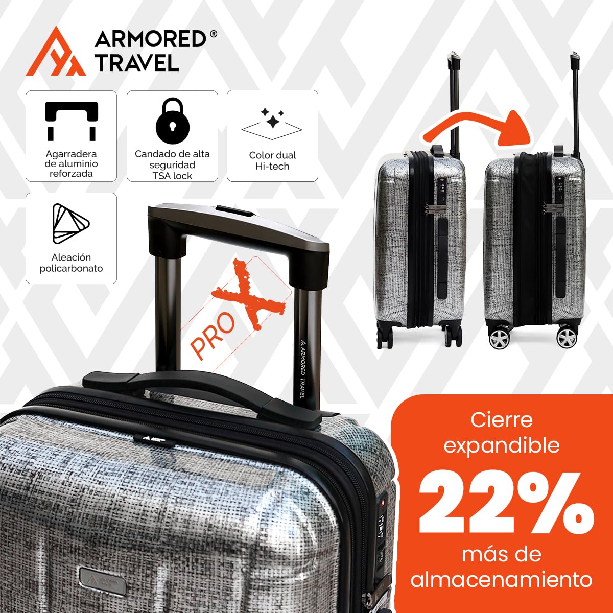 Maleta De Viaje Carry On 20" de Mano Cabina Policarbonato 10kg Rígida Expandible PRO-X Con * TSA Lock * Luggage suitcase Armored Travel (Luna-Plata)