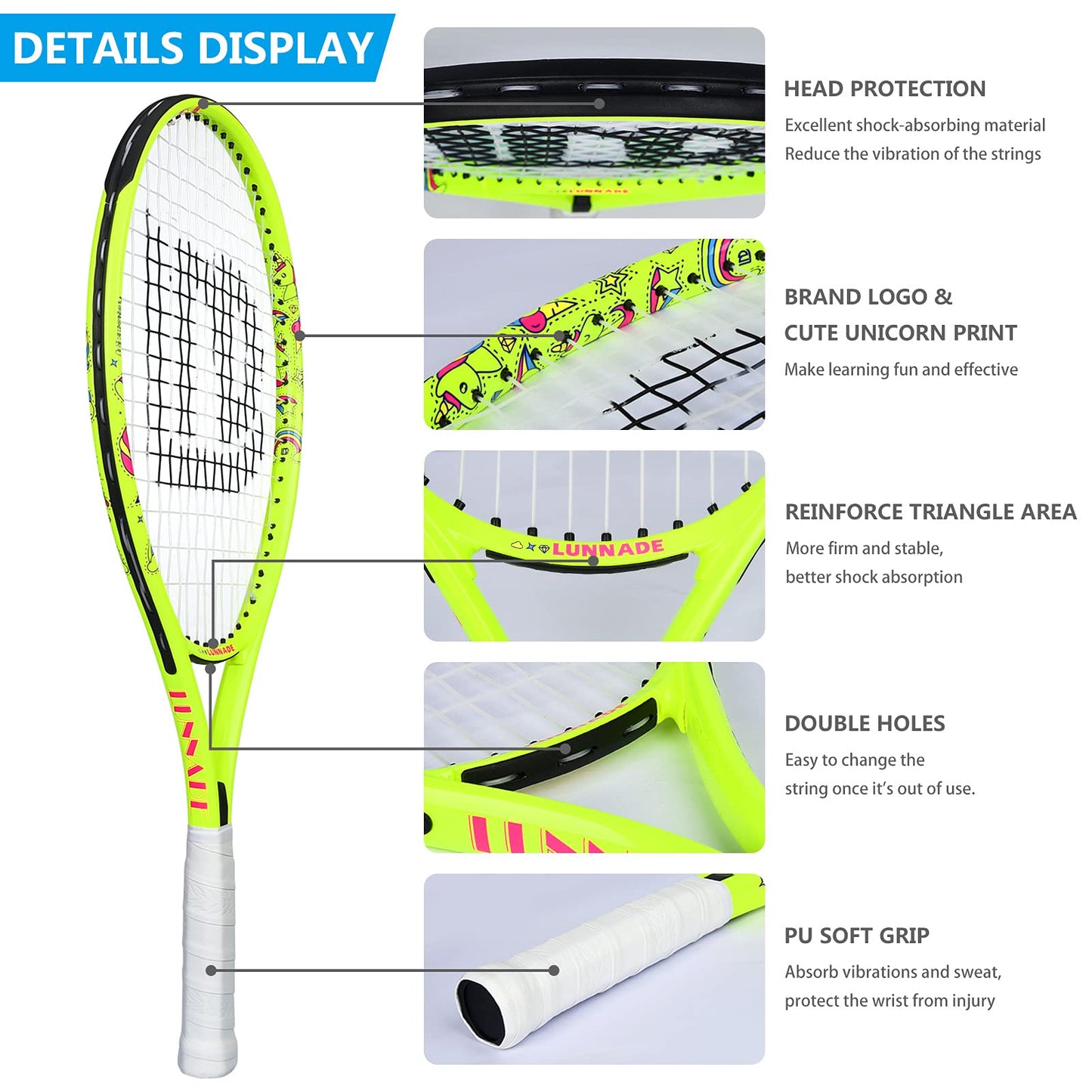 LUNNADE - Raqueta de tenis para niños pequeños, 19/21/23/25 pulgadas con cubierta, adecuada para niños y niñas principiantes de 3 a 12 años