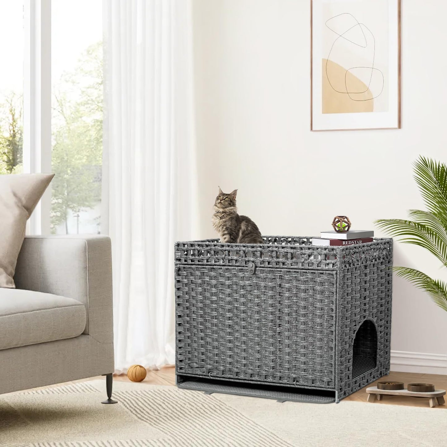 FABATO Arenero para Gato Grande Cerrado - Casa para Gatos Exterior - Puerta Lateral para tu Mascota - Mueble de Mimbre Ratán Tejido a Mano - Incluye Alfombrilla Suave (Gris)