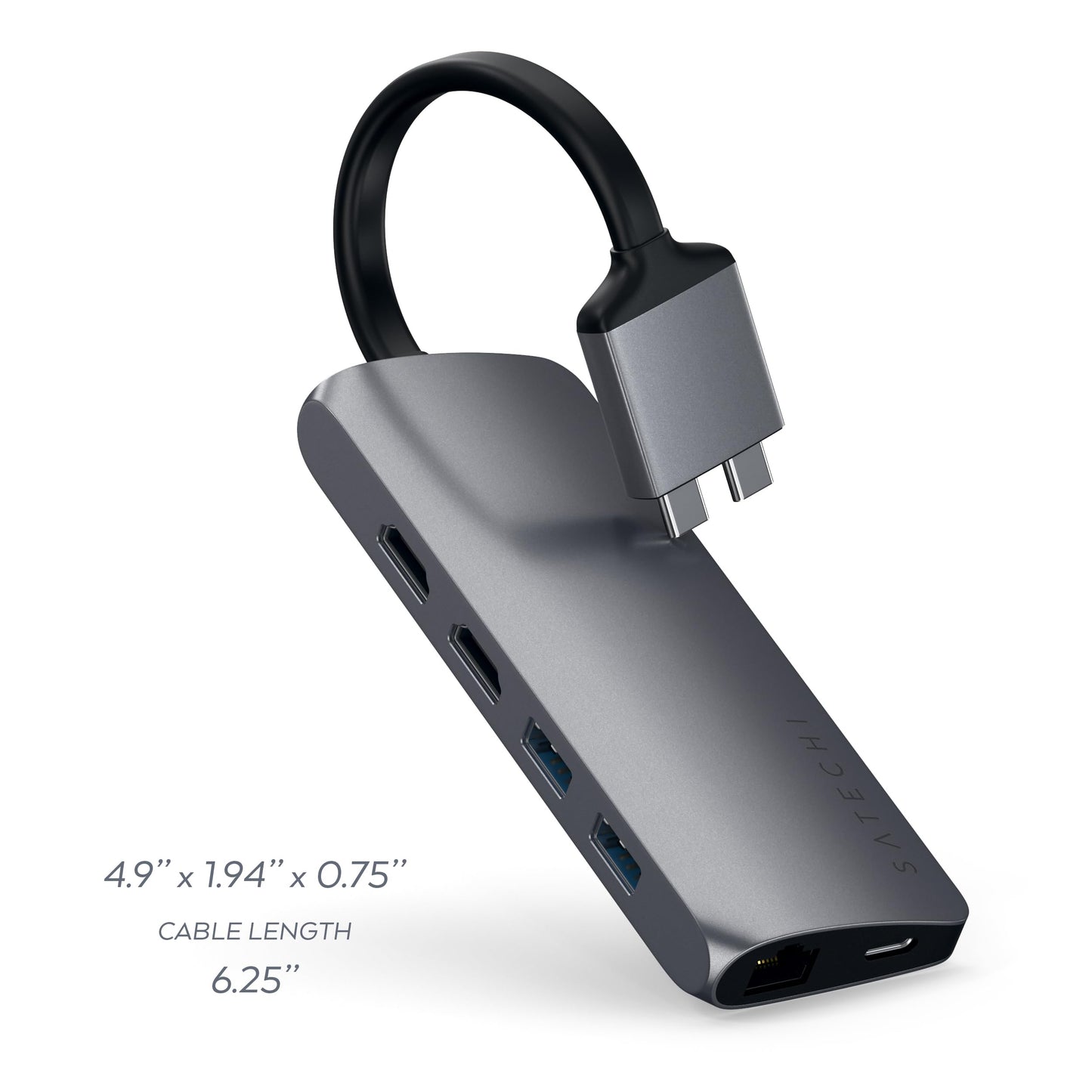 SATECHI Adaptador USB C Doble Multimedia Tipo-C con HDMI 4K, USB-C PD, Gigabit Ethernet, Lector de Tarjetas MicroSD, USB 3.0 - para M2/ M1 MacBook Pro/Air (Gris Espacial)