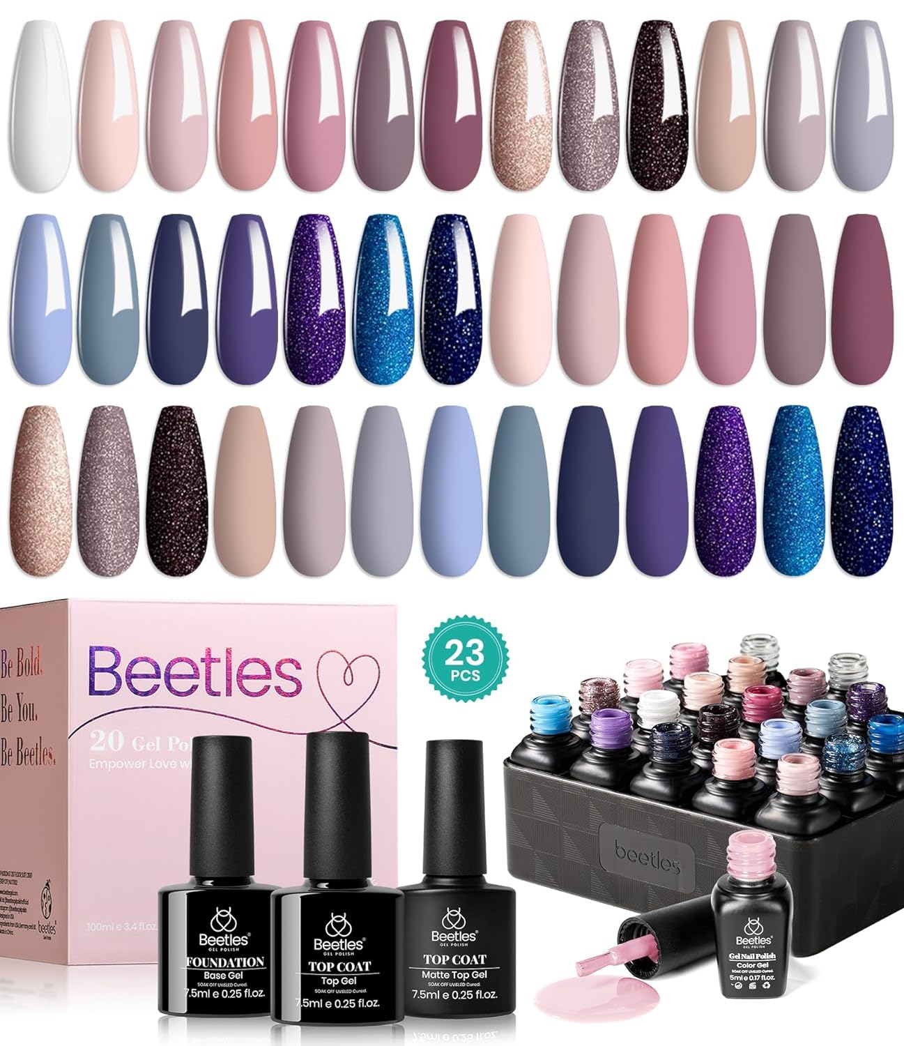 Beetles Kit de esmalte de uñas de gel de 23 piezas con capa superior mate brillante y capa base Colección nocturna para niñas Juego de esmalte de uñas de gel con purpurina gris desnudo blanco UV Soak Off Manicura navideña para mujeres y niñas