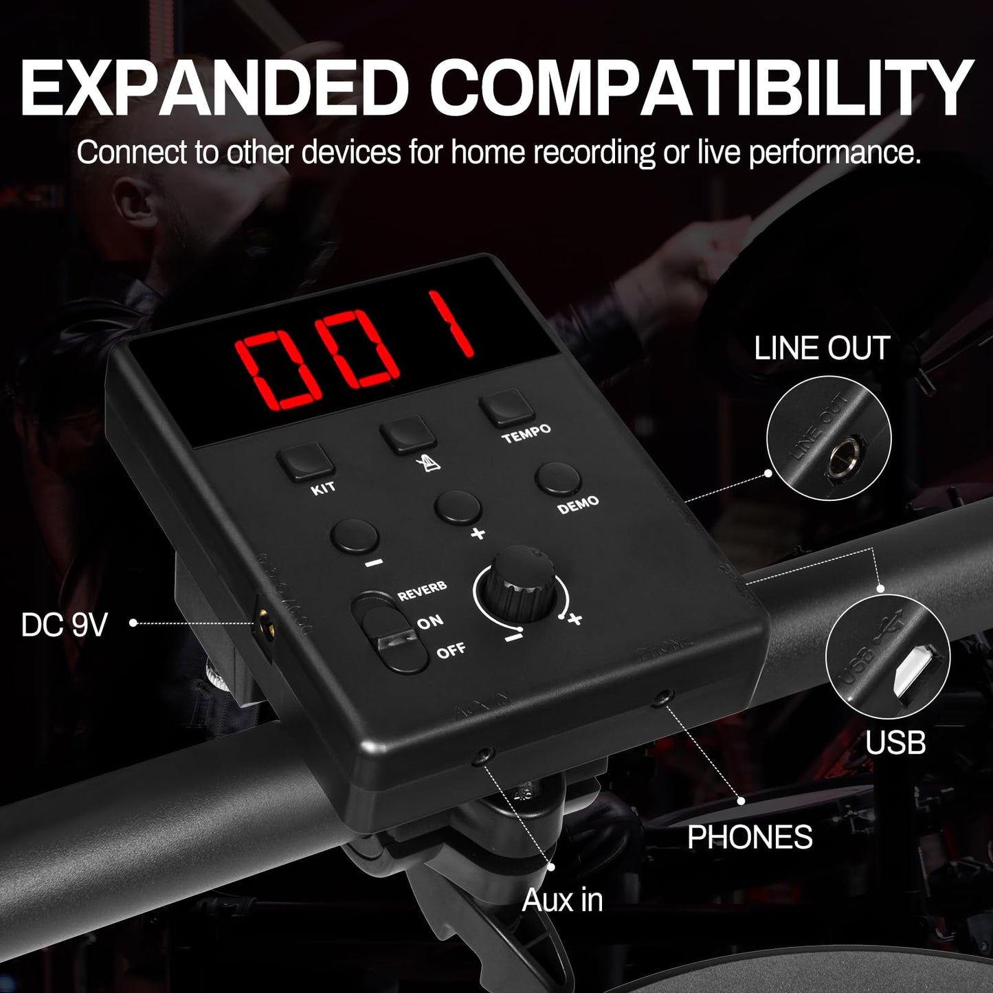 AODSK - Juego de batería eléctrica con 4 almohadillas para orejas silenciosas, portátil y sólido para principiantes con 200 sonidos, pedal de 2 interruptores, trono de batería, baquetas y auriculares
