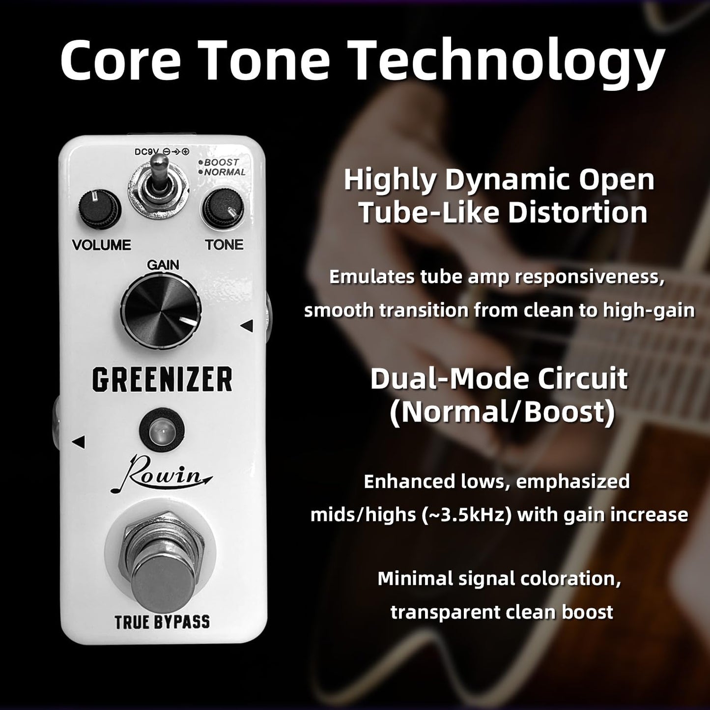 Rowin Overdrive Pedal de efecto guitarra Greenizer Mini pedal analógico tubo Scream Sound True Bypass DC 9V blanco LEF-323