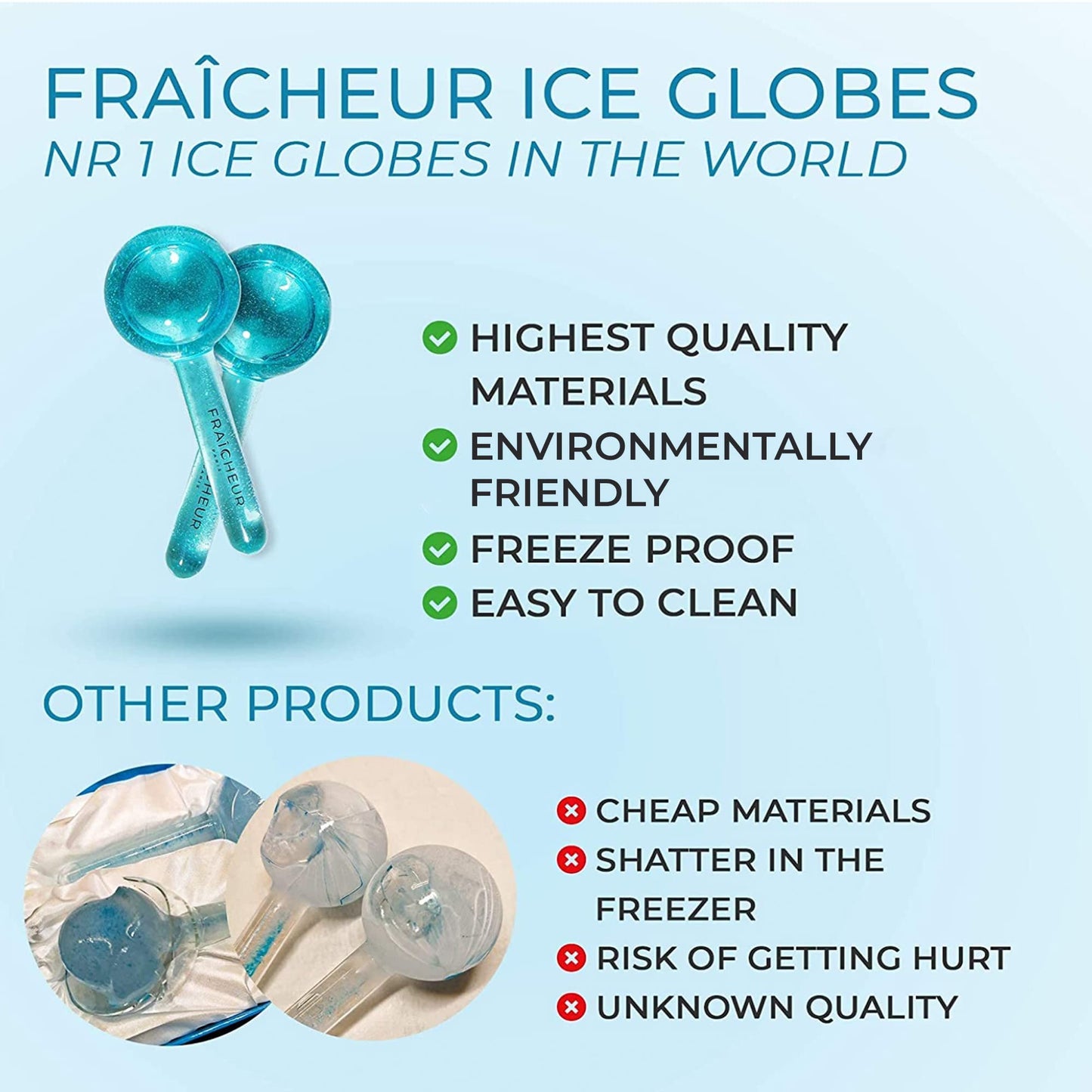 FRAÎCHEUR ICE Globes | Frozen Cryo Roller for Cold Facial Massage | Skincare Cooling Glass Massager with Anti-Freeze Liquid Inside | Reduce Puffiness, Pores (Pink with Glitters)